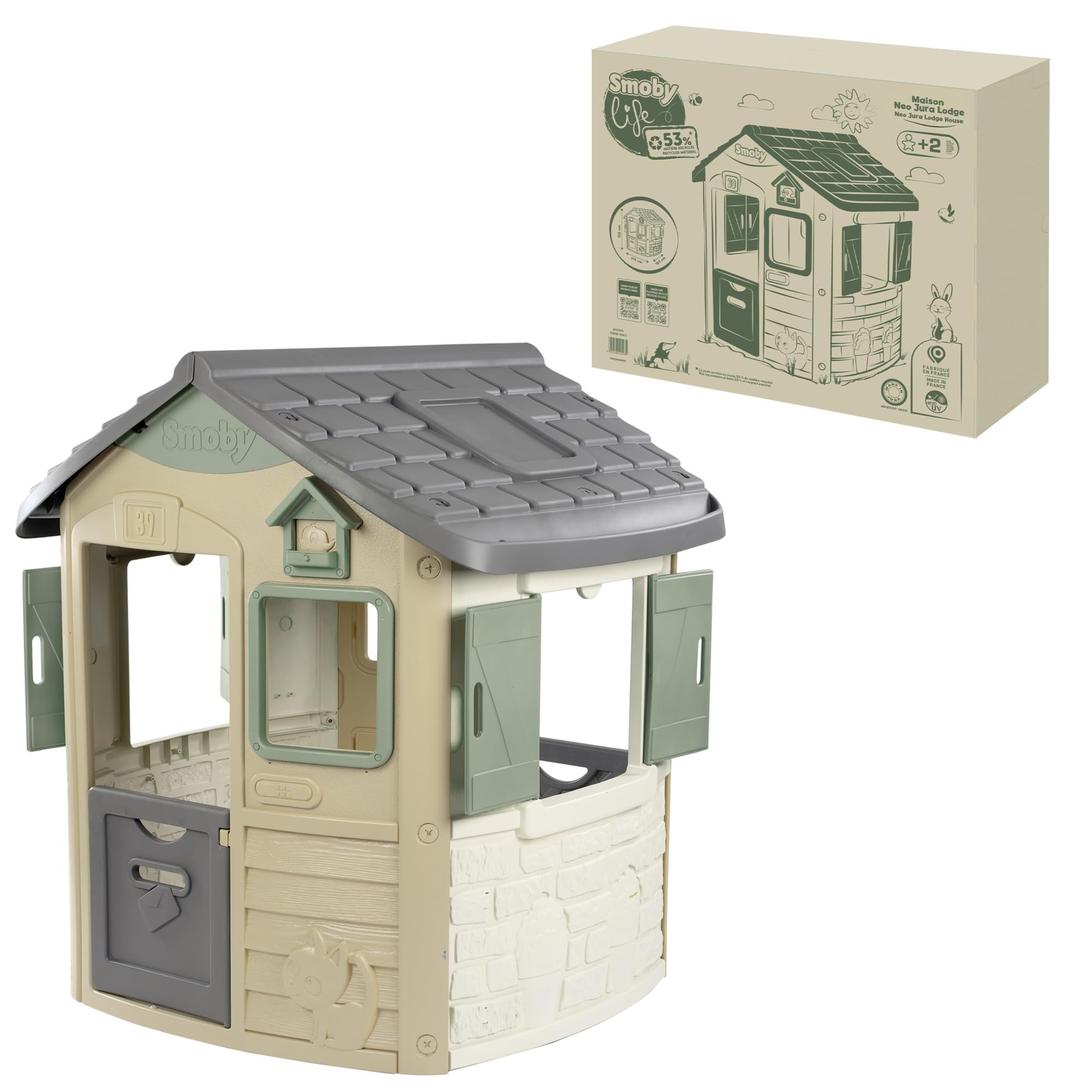 Smoby Life - Neo Jura Lodge Spielhaus (115x123x132 cm) mit 31% Recycling-Anteil - wetterfestes Gartenhaus für Kinder ab 2 Jahre mit Vogel-Futterstelle - Outdoor-Kinderhaus für Garten oder Terrasse