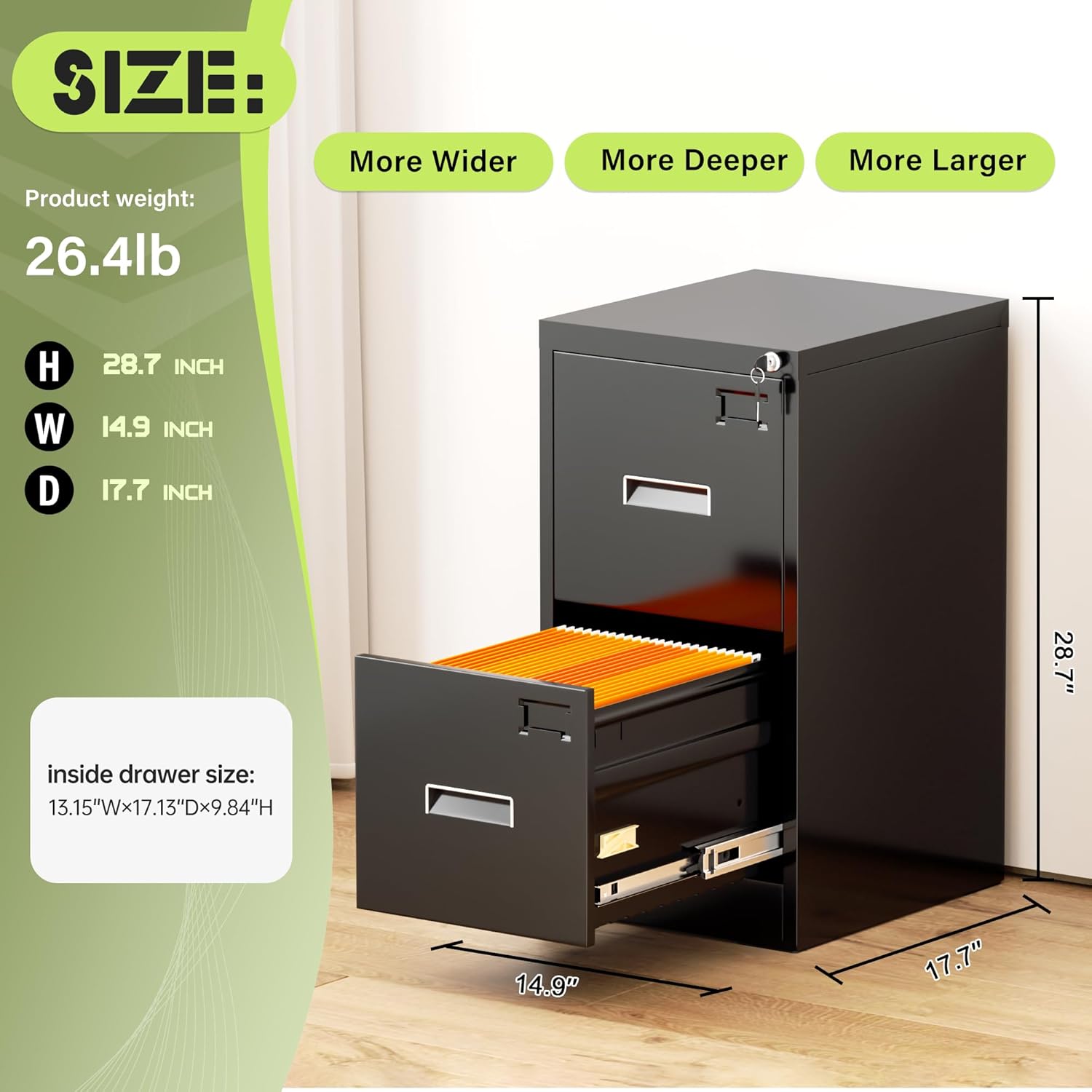 Diagram showing the dimensions of the SUNCROWN 2-drawer file cabinet: 28.7 inches high, 14.9 inches wide, and 17.7 inches deep.