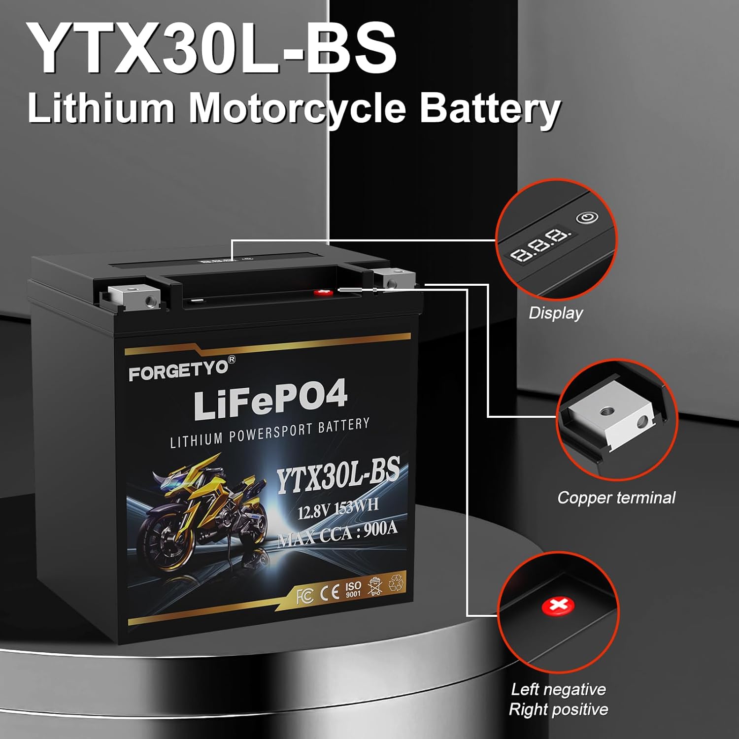 Lithium YTX30L-BS, 900A LiFePO4 Motorcycle Battery, 12V 12AH ATV, UTV, Jet Ski, 4 Wheeler,Snowmobile,Tractor,Generator and Riding Lawn Mower Battery