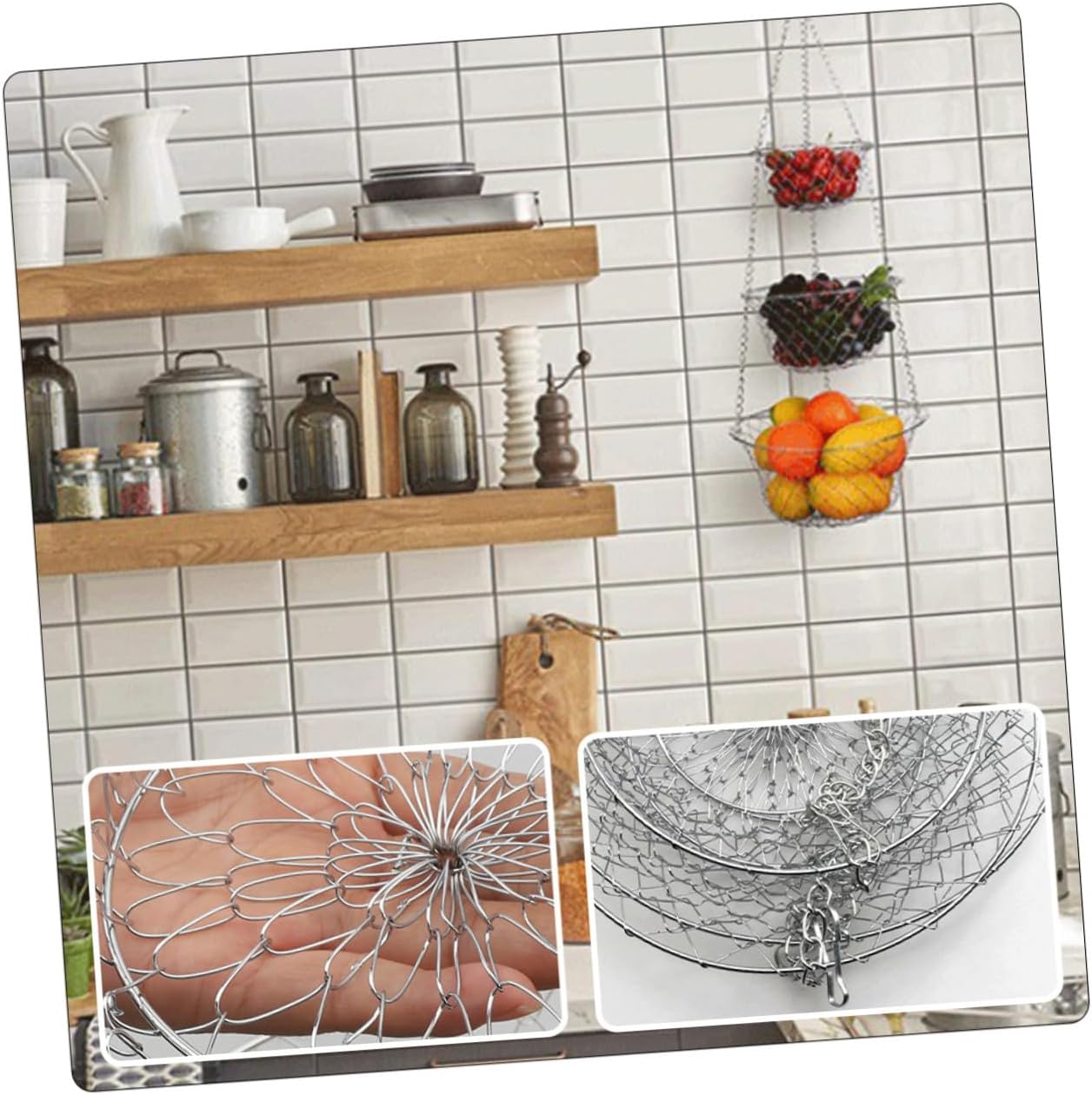 Wall Hanging Fruit Basket for Kitchen Wire Mesh Storage Organizer with Ventilated Design Space-saving Vegetable Holder and Decorative Iron Wire Hanging Basket in Silver
