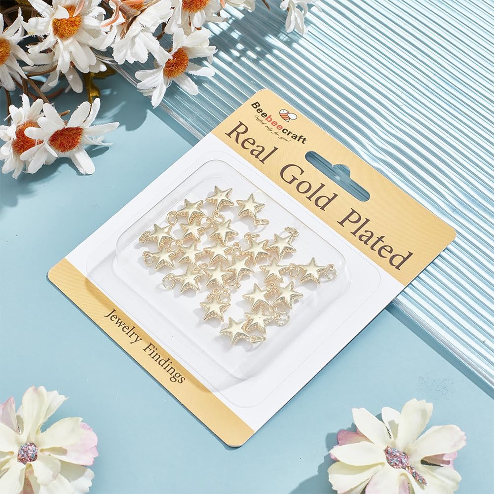 Beebeecraft 1 Box 20Pcs Golden Star Pendant Bulk Real 18K Gold Plated Brass Metal 3D Pentagram Dangle Charm with Jump Ring for Jewelry Making Charms DIY Earring Crafts Accessories, Small Size 0.51x0.43in