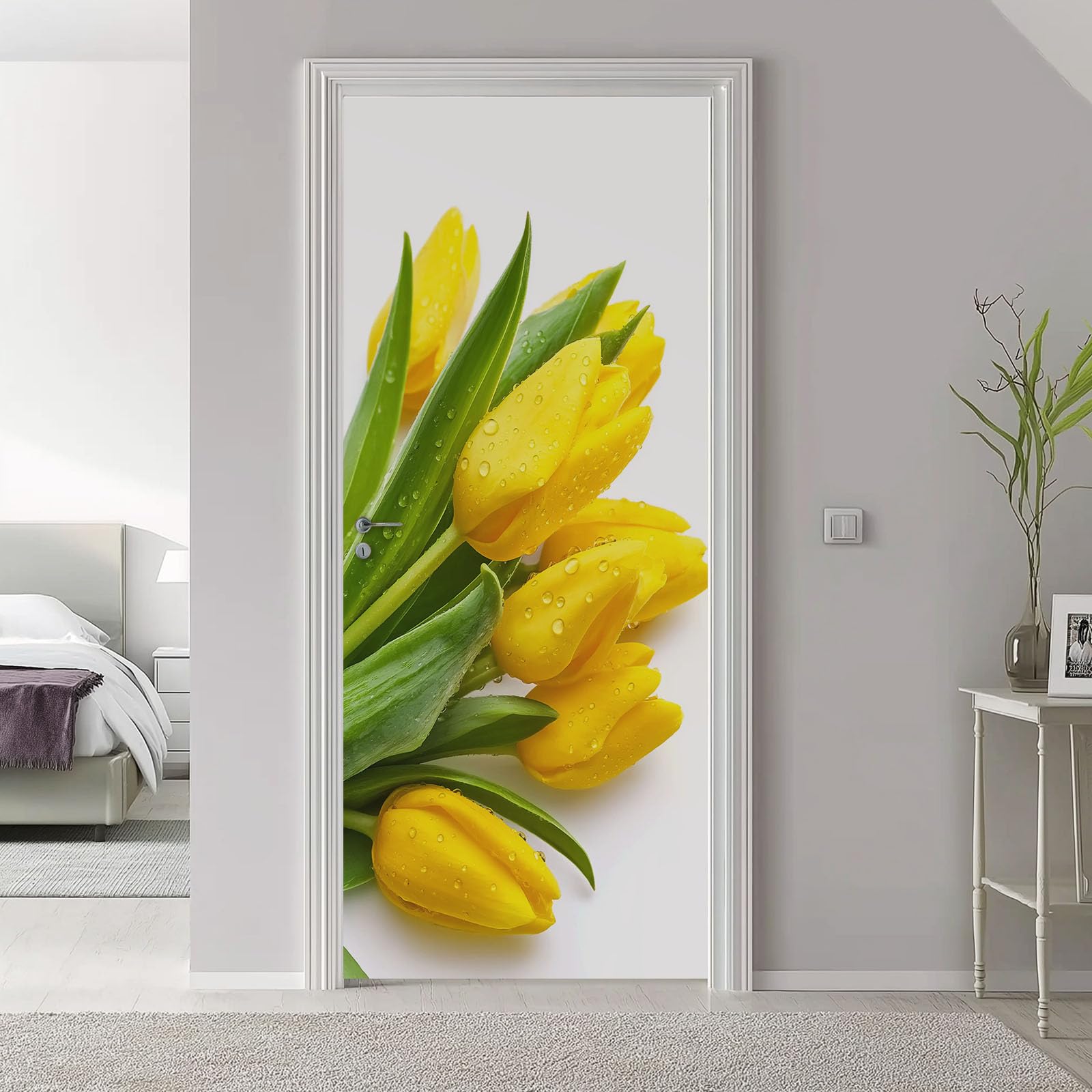 Naklejki na drzwi z motywem kwiatów, 80 x 210 cm, proste kwiaty, fotografia, PCW, samoprzylepna, fototapeta, biało-żółta, wodoszczelna, winylowa, zdejmowana naklejka na drzwi, do łazienki, pokoju