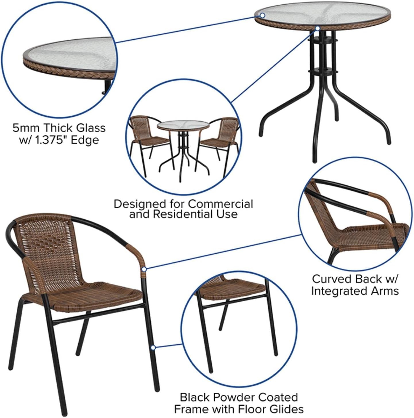 Flash Furniture Lila 28'' Round Glass Metal Table with Dark Brown Rattan Edging and 2 Dark Brown Rattan Stack Chairs