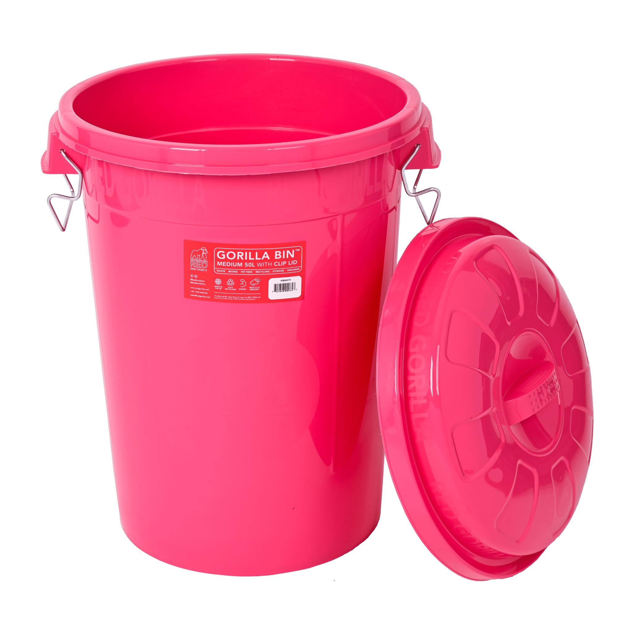 Red Gorilla Bin 50 Litre with Clip Lid Pink Stackable Storage Plastic Lightweight Weather Resistant Frost Proof for Indoor Outdoor Waterproof Waste Bin for Garden Garage Kitchen Home Recycling