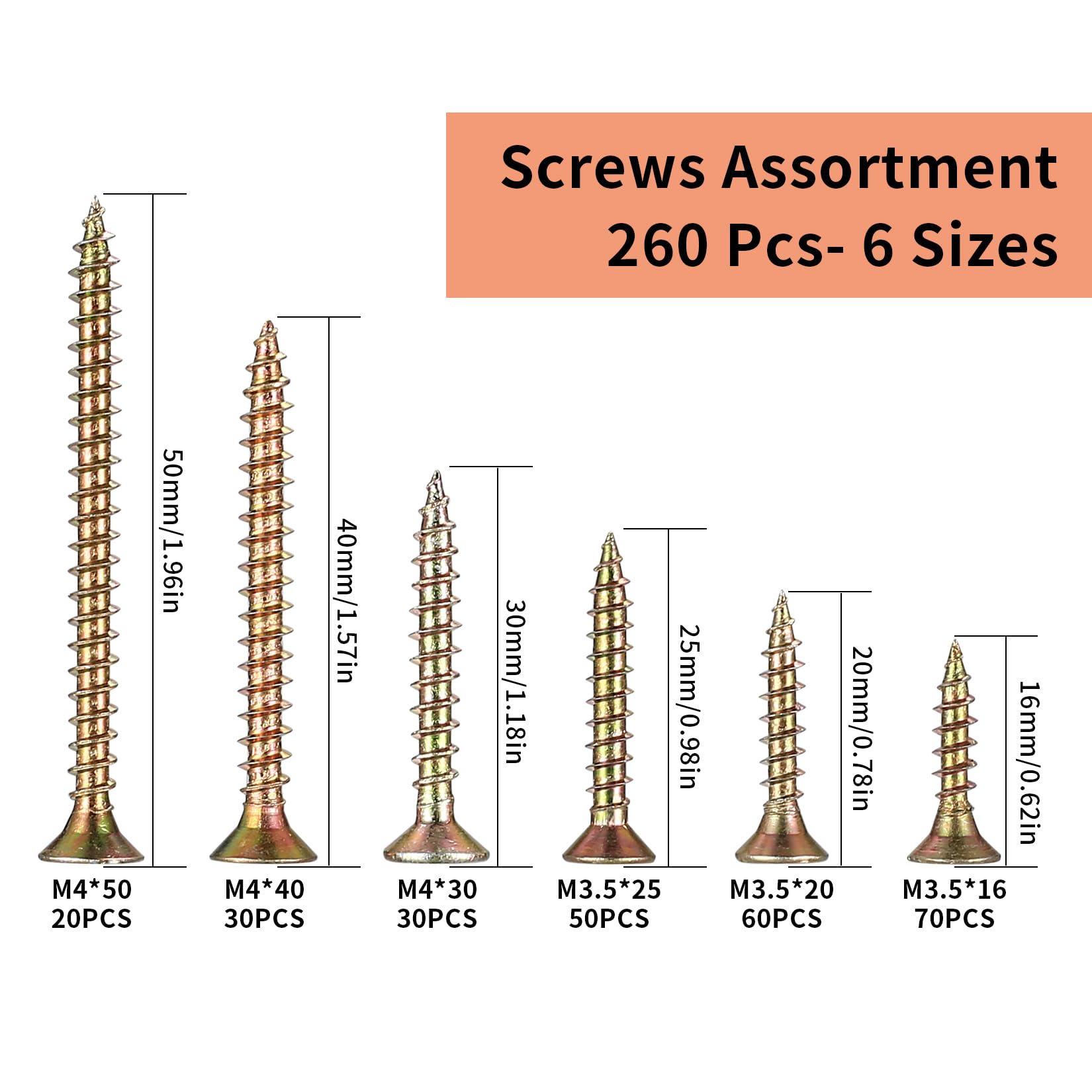 260 Pcs M3.5 M4 Self Tapping Screws for Wood Screws Assortment, Assorted Decking Screws, Flat Head Countersunk Phillips Screws, Chipboard Screws Concrete Drywall Screws for DIY Furniture Repairs - Image 2