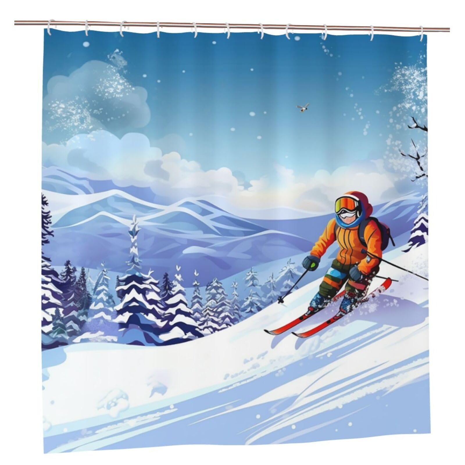 Rideaux de douche imperméables motif ski d'hiver 183x183 cm avec 12 crochets