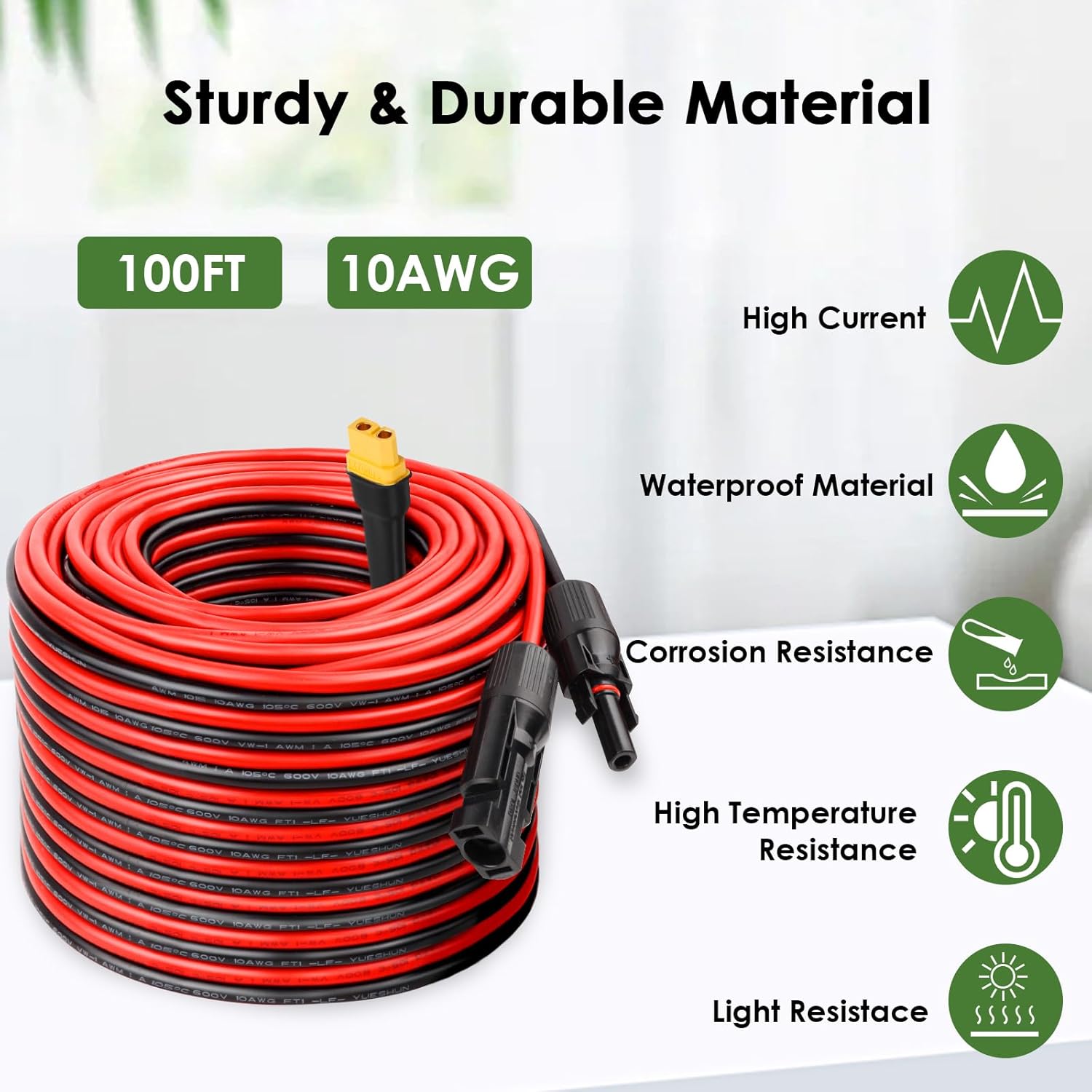 Solar to XT60 Extension Cable 10AWG 100FT Solar Connector to XT60 Adapter Cable for Solar Panel to Portable Power Station Solar Generator Battery Pack