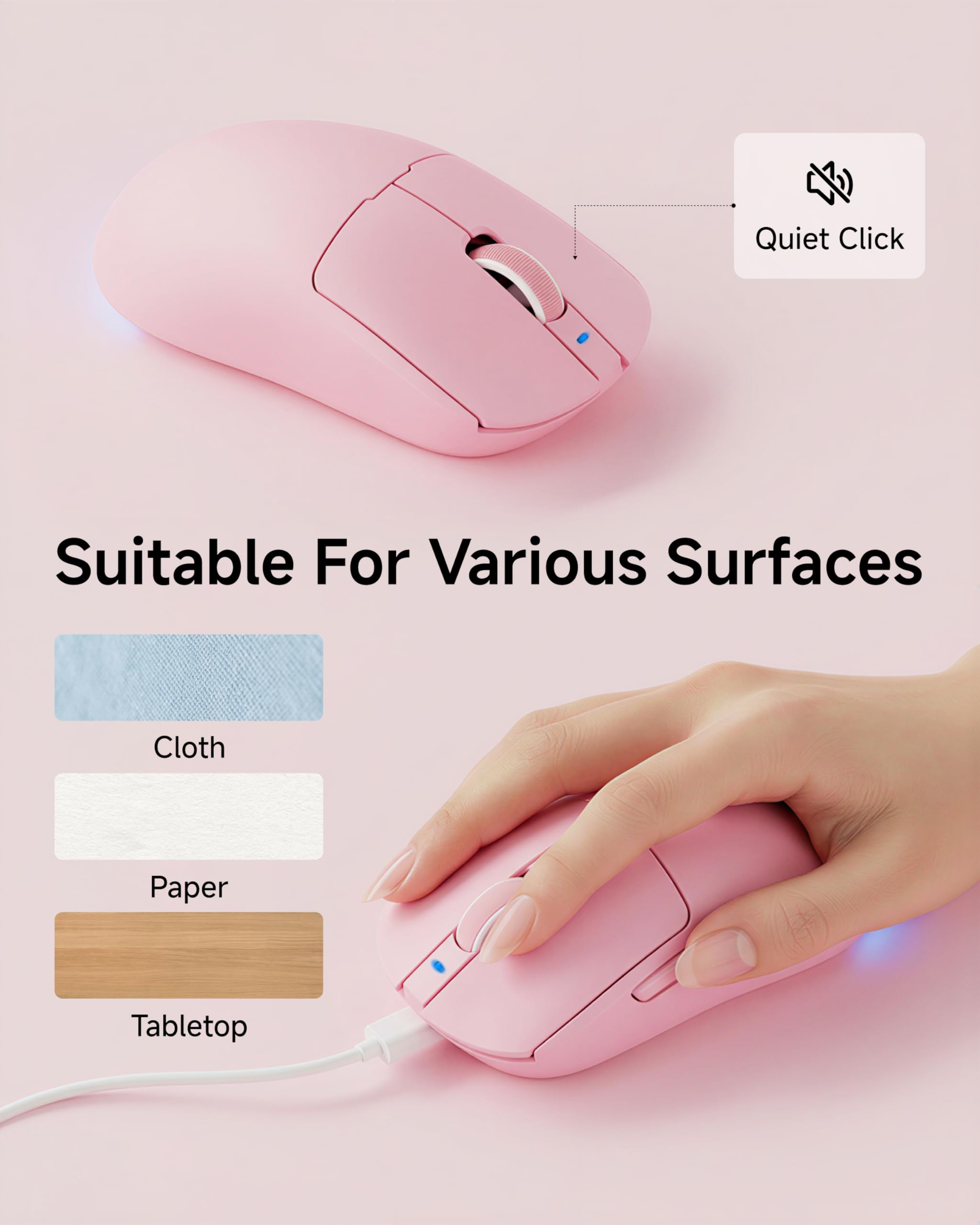 EWEADN C98 Przewodowa klawiatura i mysz, przewodowa, ergonomiczna klawiatura komputerowa z nadgarstkiem, podwójne nasadki klawiszy, ciche podświetlenie RGB, cicha klawiatura do Windows/MAC/PC, różowa