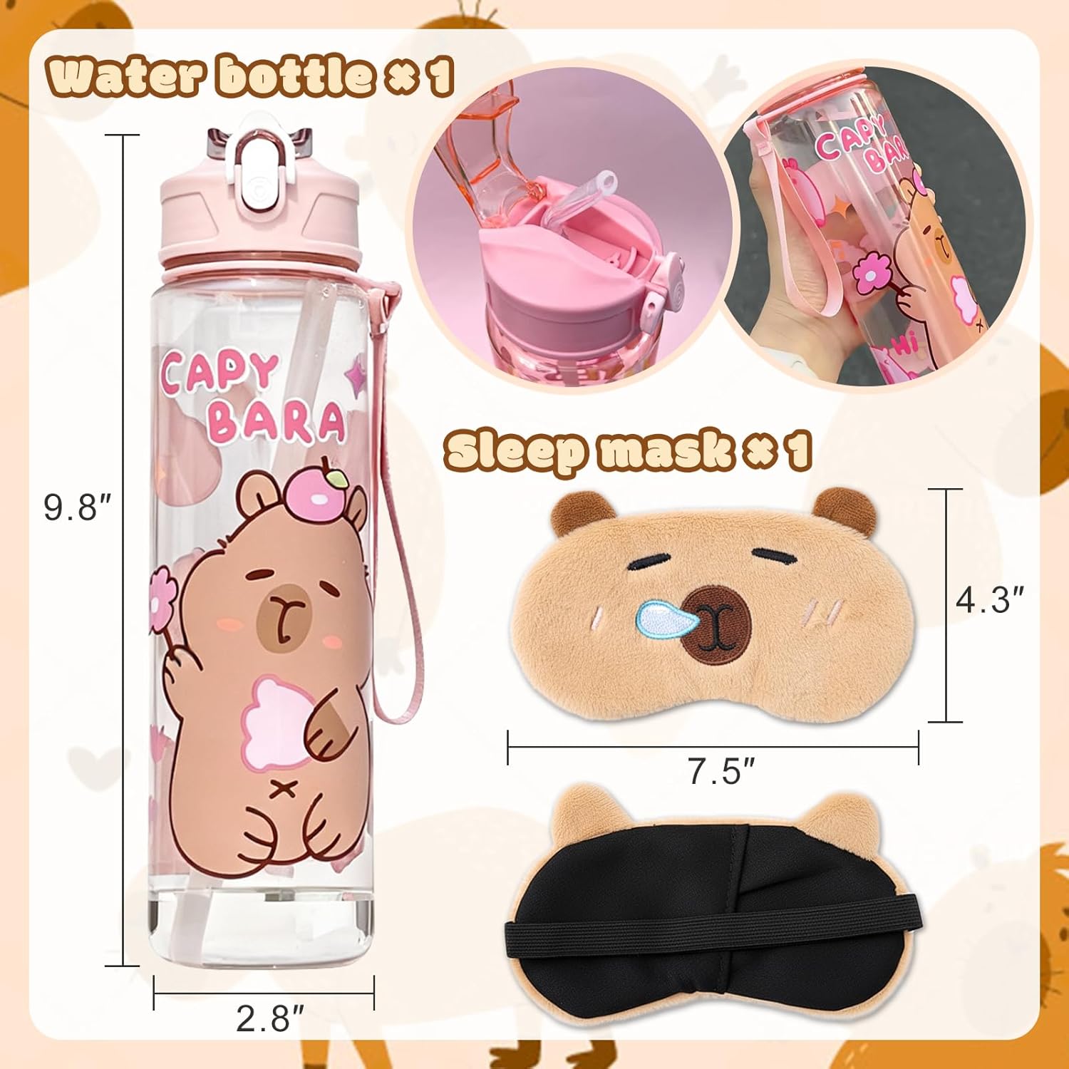 Capybara Gifts Box Capybara Plush for Girls Kids, Including Plush, Water Bottle, Eye Mask, Comb, Bracelet, Wallet, Headband for Back to School Birthday Party Favor