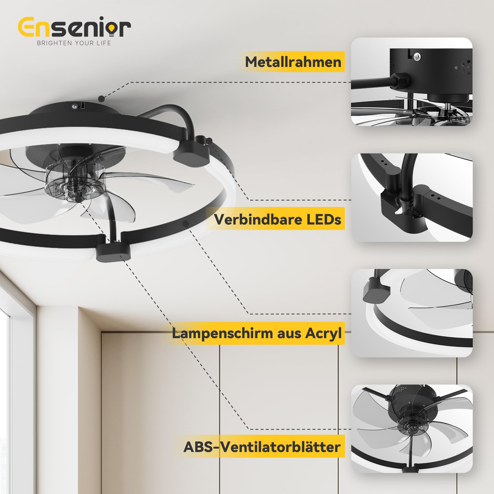 Ensenior Deckenventilator mit Beleuchtung, 50cm Deckenlampe mit Ventilator & Fernbedienung, 6 Geschwindigkeiten Leise, Stufenlos Dimmbar (3000K-6500K), Flaches Design für Schlafzimmer Büro - Schwarz