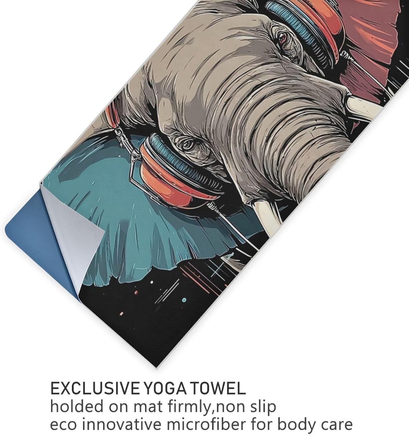 Elephant Headphone Hot Yoga Towel – Stylish, Non-Slip, Grip Dot, Super Absorbent, 27" x 73" - Yoga Mat Towels for Exercise, Fitness