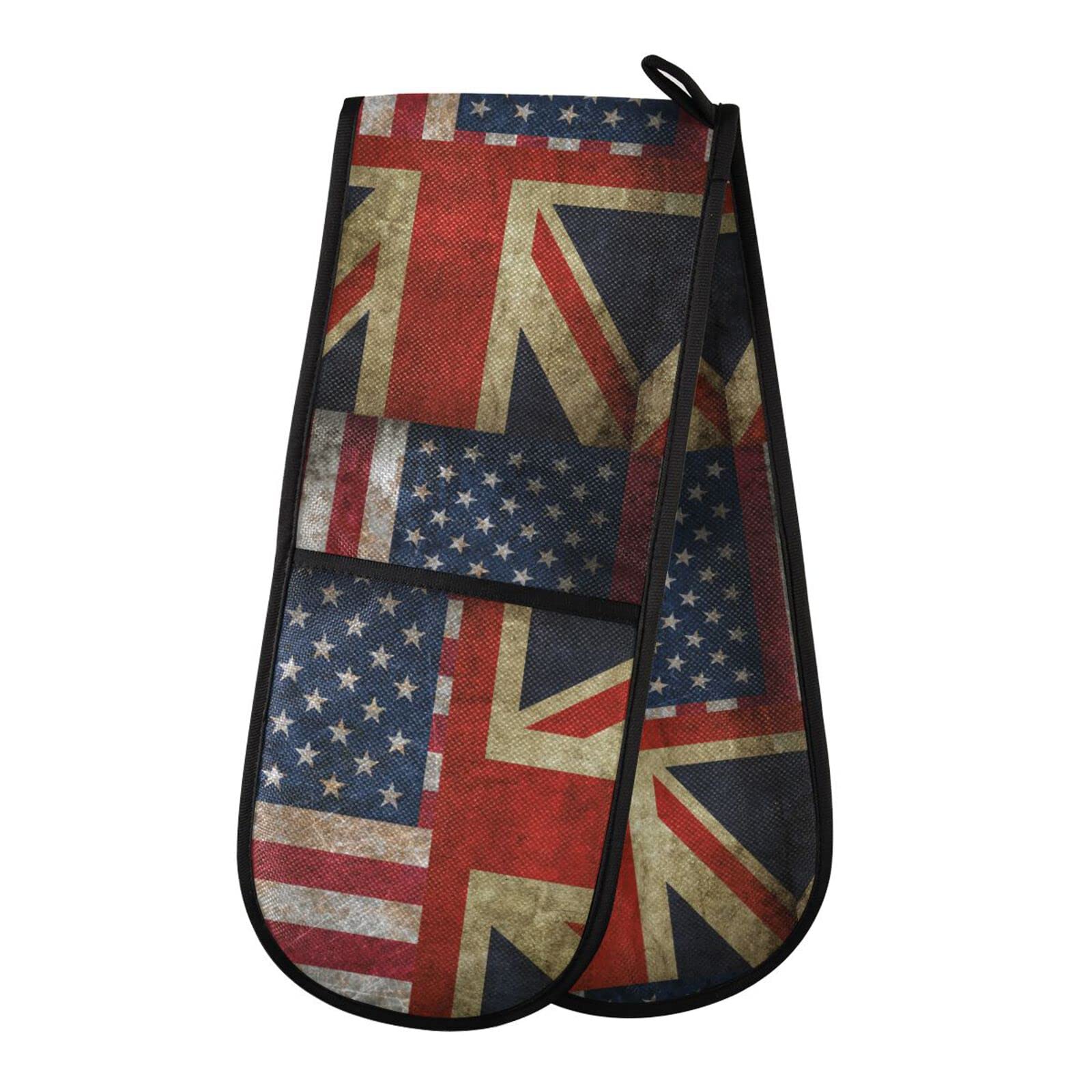 Youjuner Colour 99 Double Oven Glove Vintage Usa Uk Flag Heat Resistant Double Ovens Mitt Modern Cooking Gloves Potholders