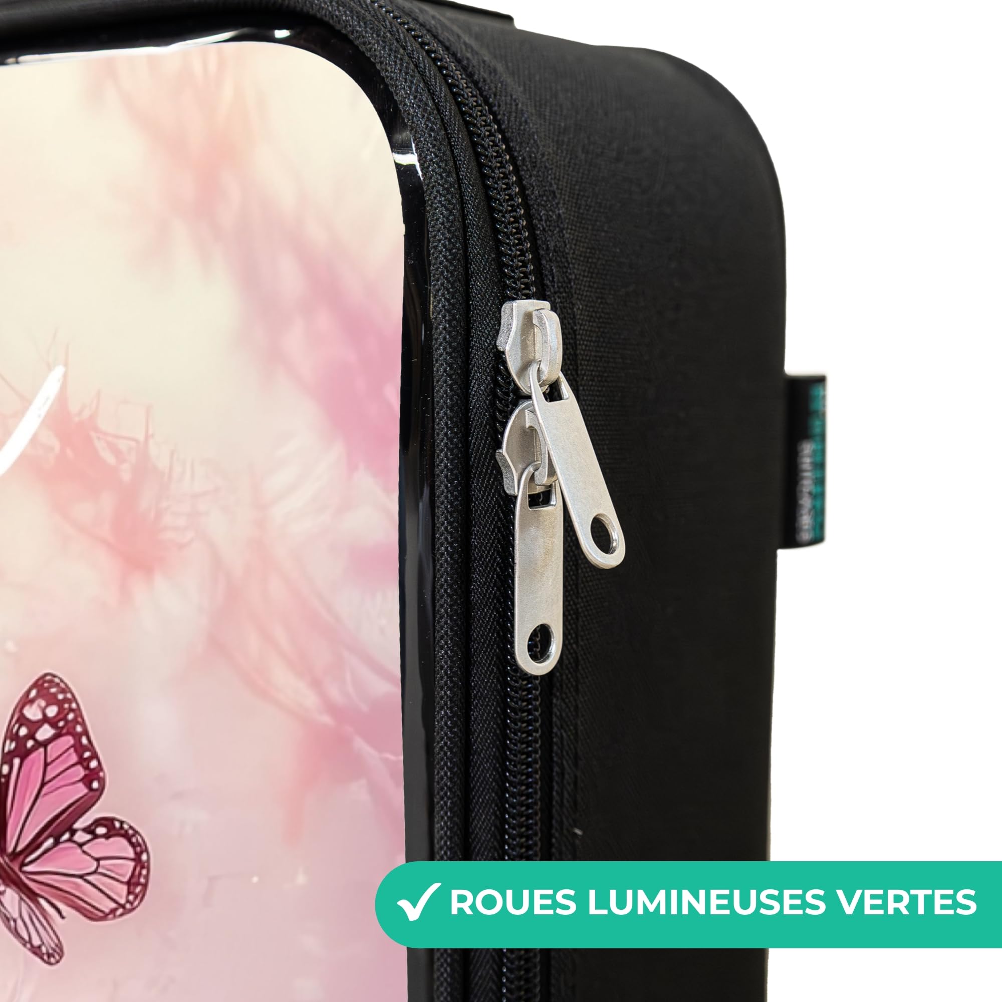 NoBoringSuitcases.com® Valise Enfant Personnalisé avec Un Nom 48x31x19 cm Ultra Légère Bagages À roulettes LED pour Enfants Valisette A Roulette Ado - Fille - Licorne - Rose - Papillons - Fleurs