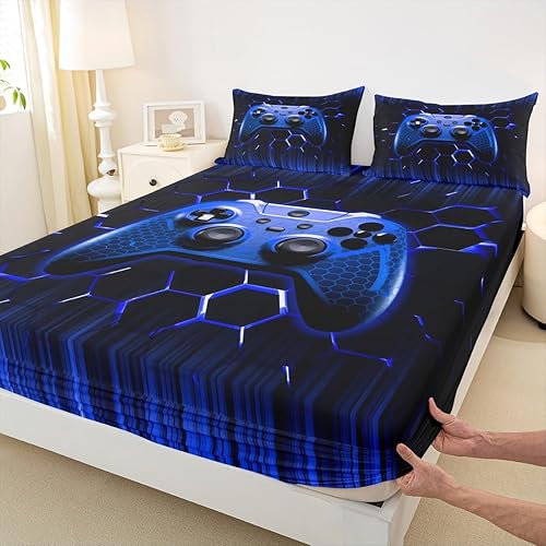 Manfei Honeycomb Gamepad Fitted Sheet Full Size, Blue Geometric Game Controller Bedding Set 3pcs for Kids Boys Teen, Modern Gamer Bed Cover with 2