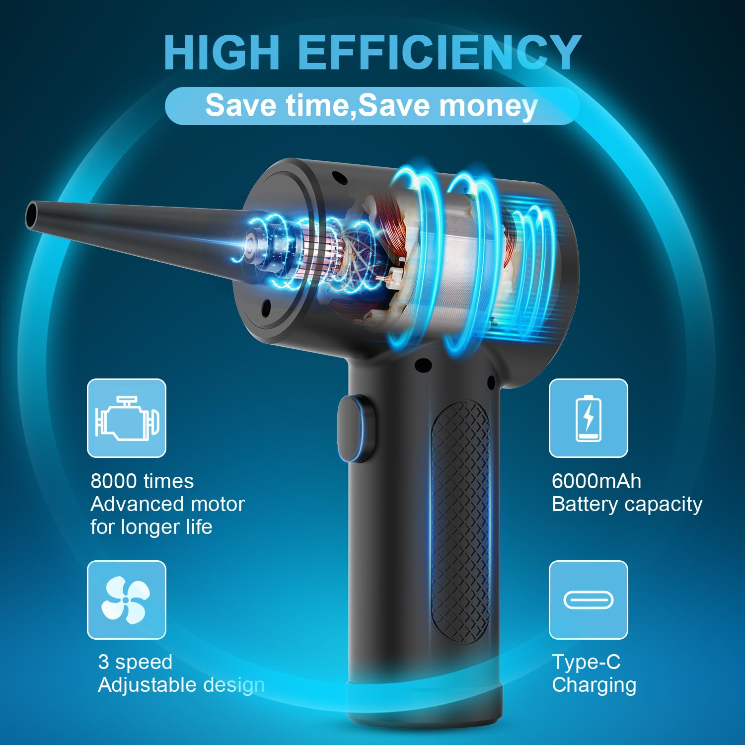 Souffleur Air Comprimé, Souffleur PC, Dépoussiérants Puissants électrique, Air Comprimé Duster,Plumeau à air électrique pour PC Duster avec Lumière LED pour Nettoyage PC, Maison
