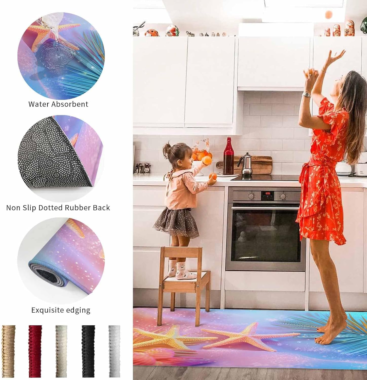 2 Pieces Kitchen Rugs and Mats,Beach Colorful Starfish Shell Leaf Area Runner Rug Set Non Slip Floor Doormat Washable Carpet Standing Mat for Kitchen Sink Indoor Corridor,Summer Abstract Ocean