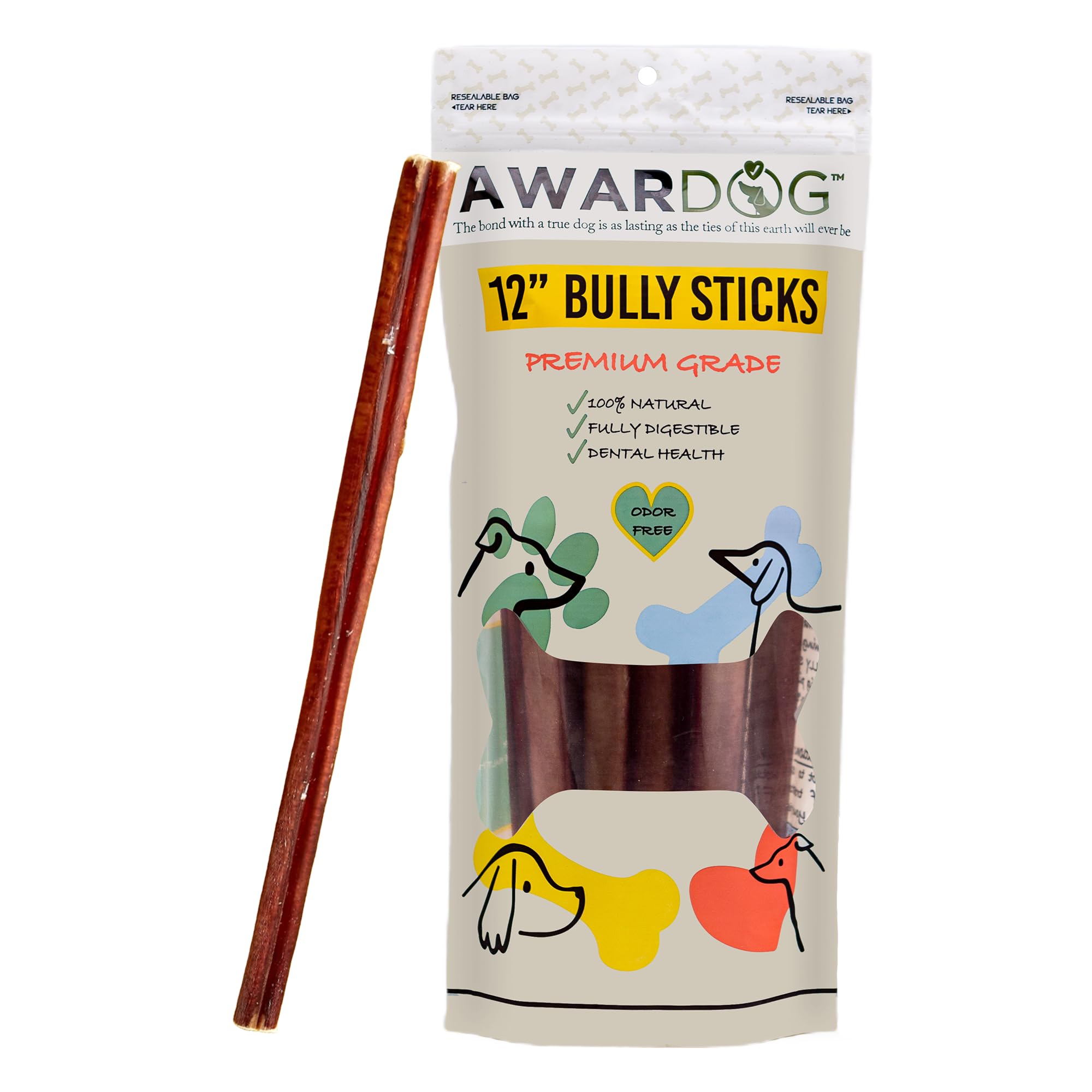 Odor-Free Bully Sticks (12 Inch, 5 Pack Medium Thickness), Fully Digestible 100% Beef Pizzle Chews, Grass-Fed, Grain-Free, Natural Long-Lasting Chews for Small & Large Dogs -5 Count