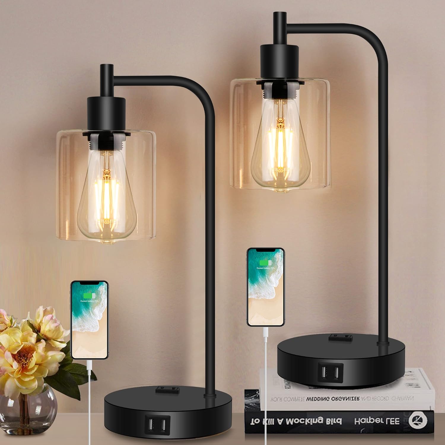 QiMH Industrial Touch Control Table Lampwith 2 USB Ports and AC Outlet, 3-Way Dimmable Bedside Nightstand Reading Lamps with Light Bulb, Glass Desk Lamp for Bedroom, Office