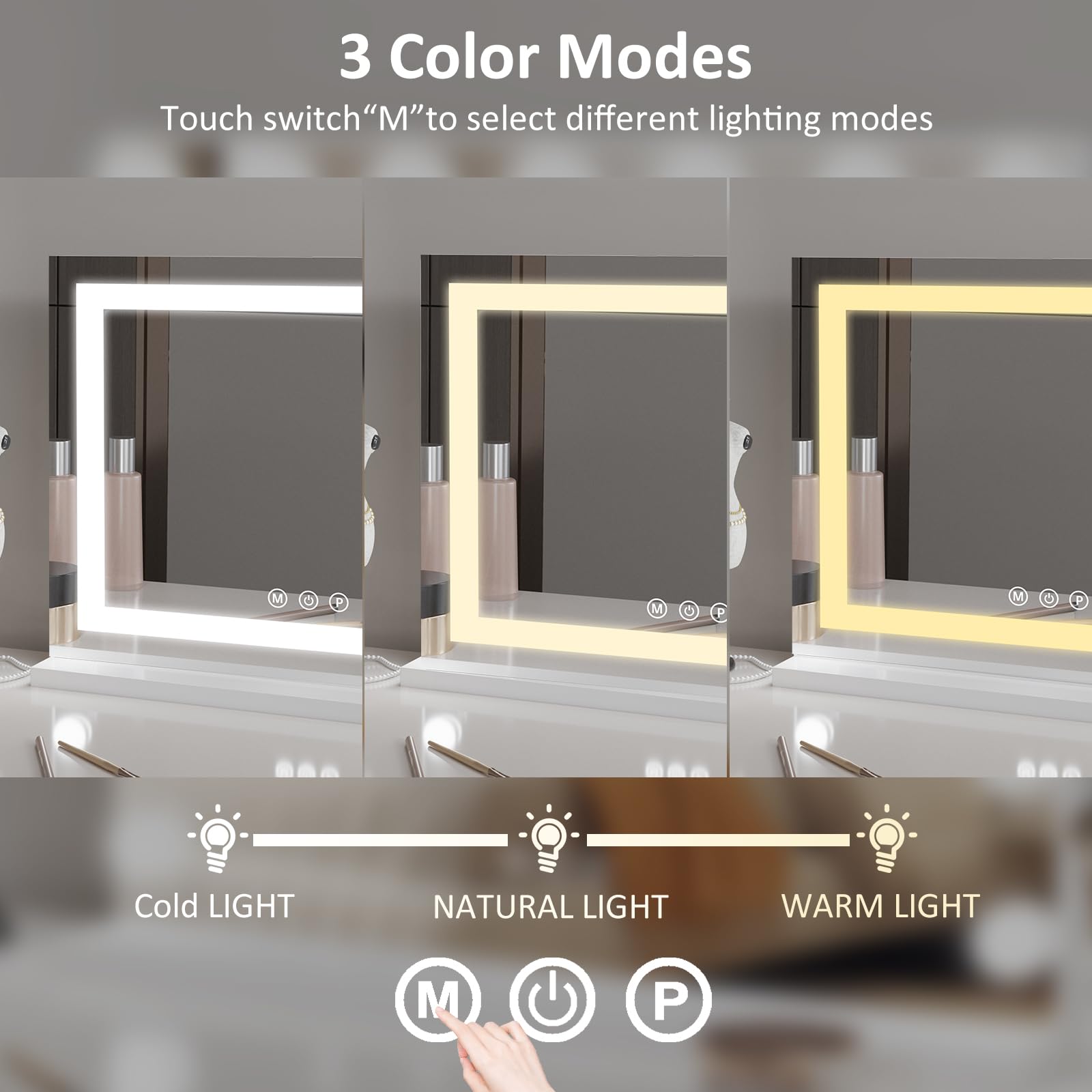 Makeup Mirror with Lighting, 58 x 44 cm, mit 10-facher Vergrößerungslinse, Touch Control, DREI Farbtemperatureinstellungen und Einstellbarer Helligkeit.
