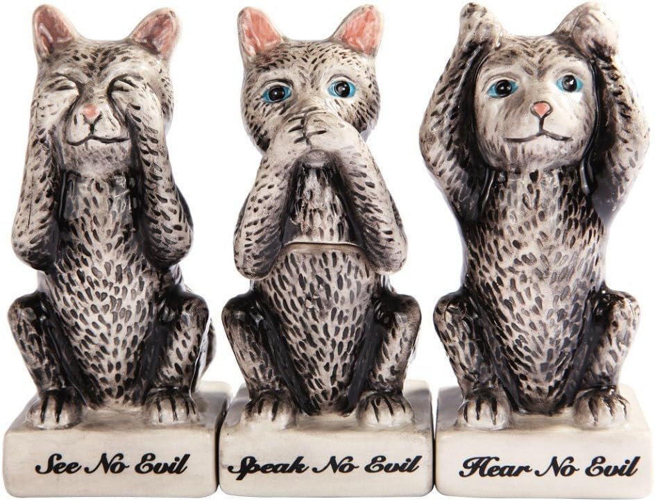 Attractives! Trio Cats See Hear Speak no Evil Salt Pepper Shakers and Toothpick Holder