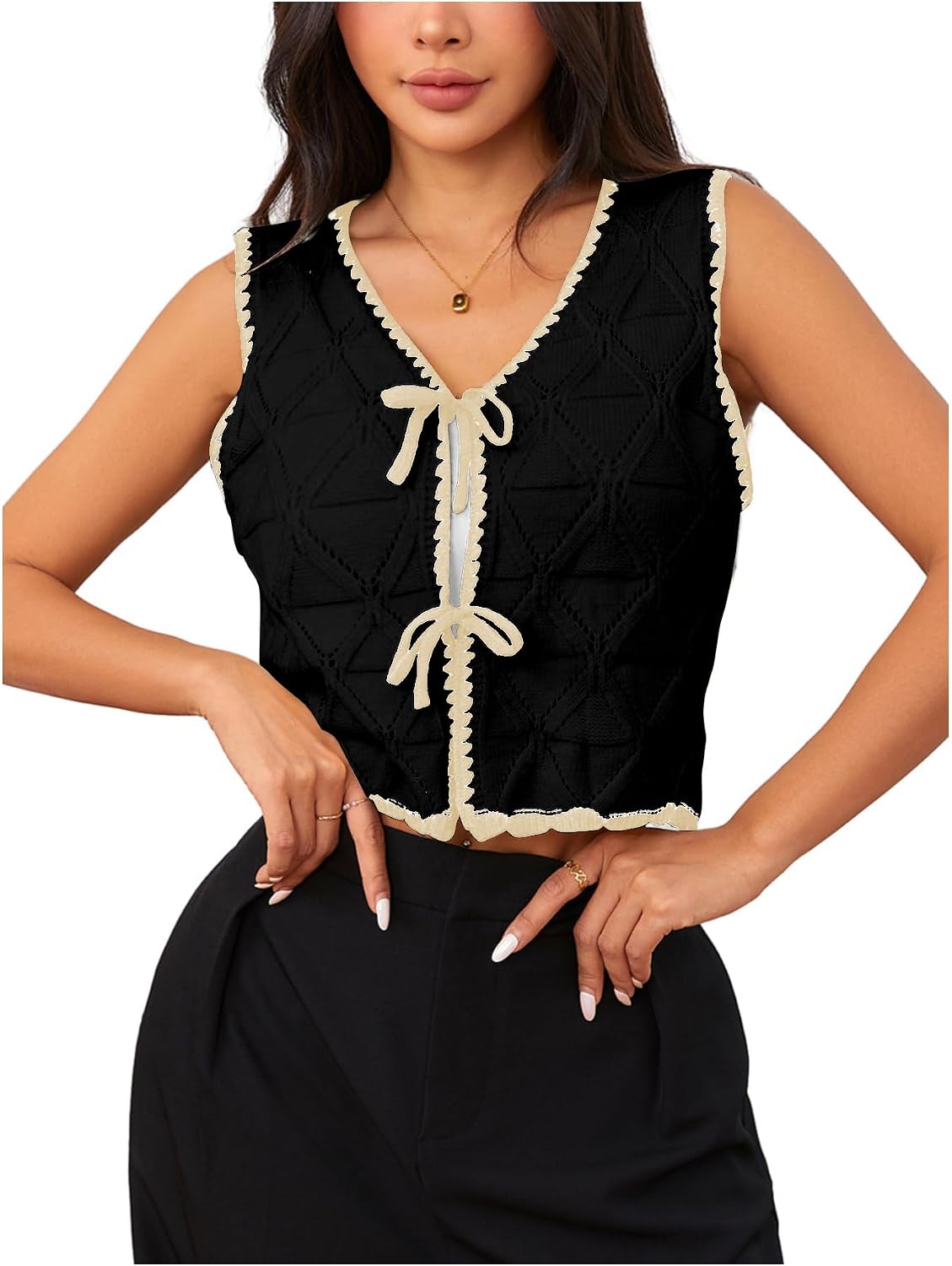 MakeMeChic Women's Summer Vest Sweater Tie Front Old Money Clothes Sleeveless Contrast Crop Knit Tops