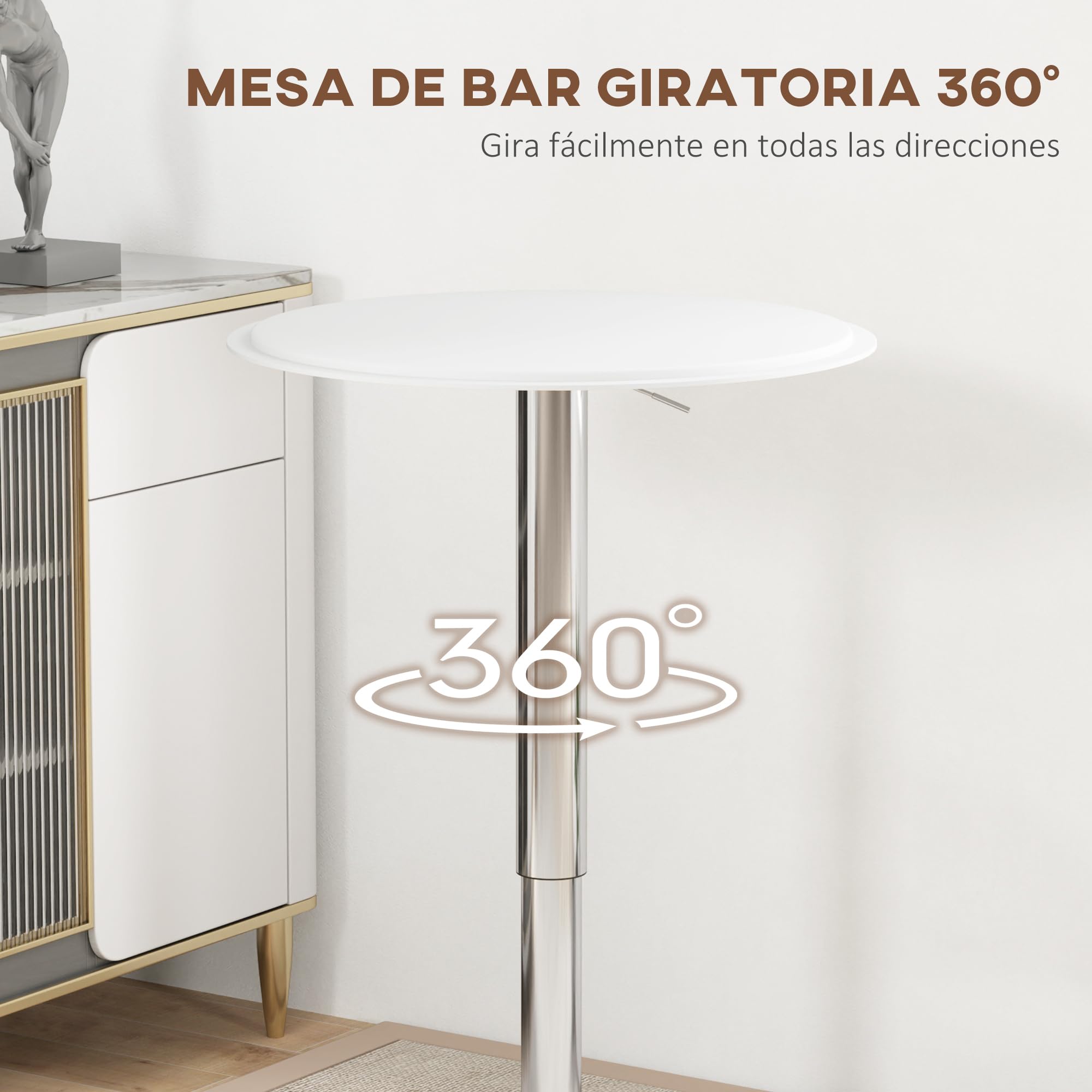 HOMCOM Mesa de Bar Redonda Ajustable en Altura 67-93 cm, Mesa Alta de Bar, Tablero Ø63 cm y Giratorio 360°, con Base Redonda de Metal Cromado, para Bistró, Cocina Comedor, Blanco