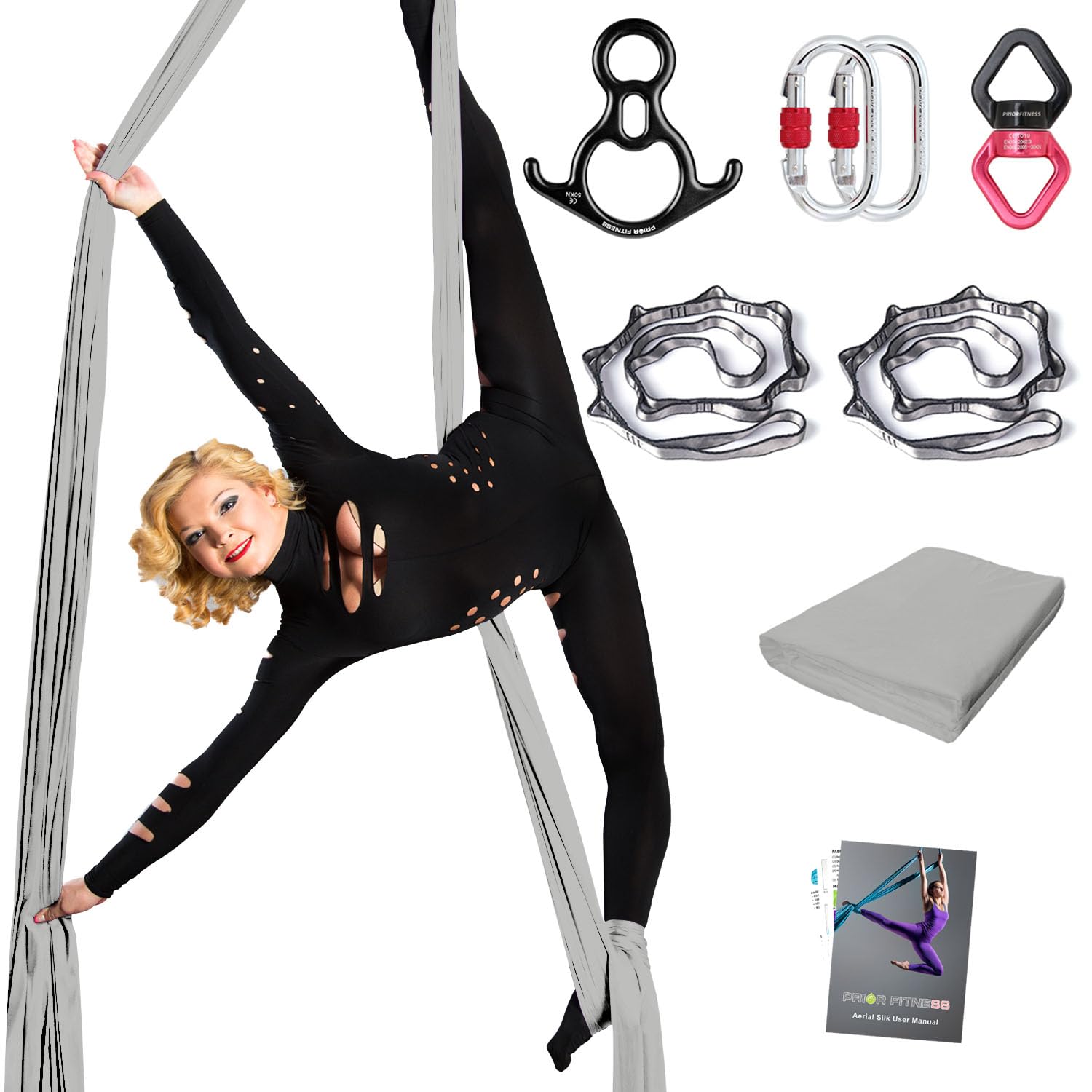 PRIOR FITNESS Aerial Silks Set, Professional Thicker Low Stretch Fabric 9/15/20 Yards Aerial Silk Swing Set with Hardware Guide, Yoga Starter Kit For Home, Aerial Yoga Hammock, Silks for Gymnastics, Antigravity Yoga, Inversion Exercise-All Levels