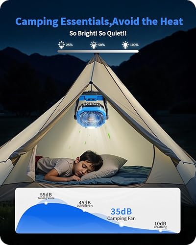 Miniatura 18 de Ventilador portátil con pilas, ventilador de campamento recargable de 20000 mAh con linterna LED, gancho para colgar, equipo de campamento