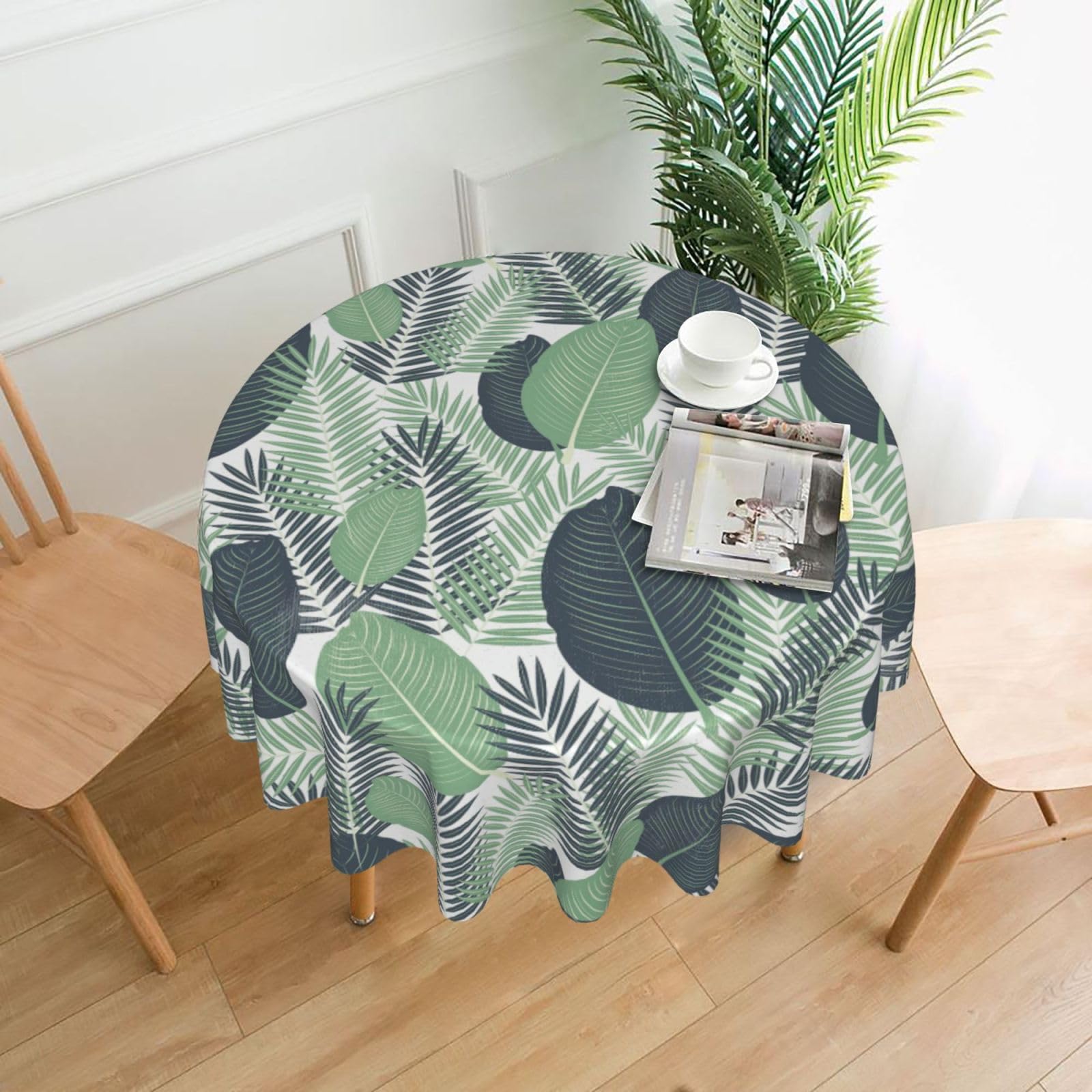 Nbtghga Green Tropical Leaves Print Tablecloth Round Border Table Cloth Cover Decorative For Party Holiday Dinning Tabletop Home