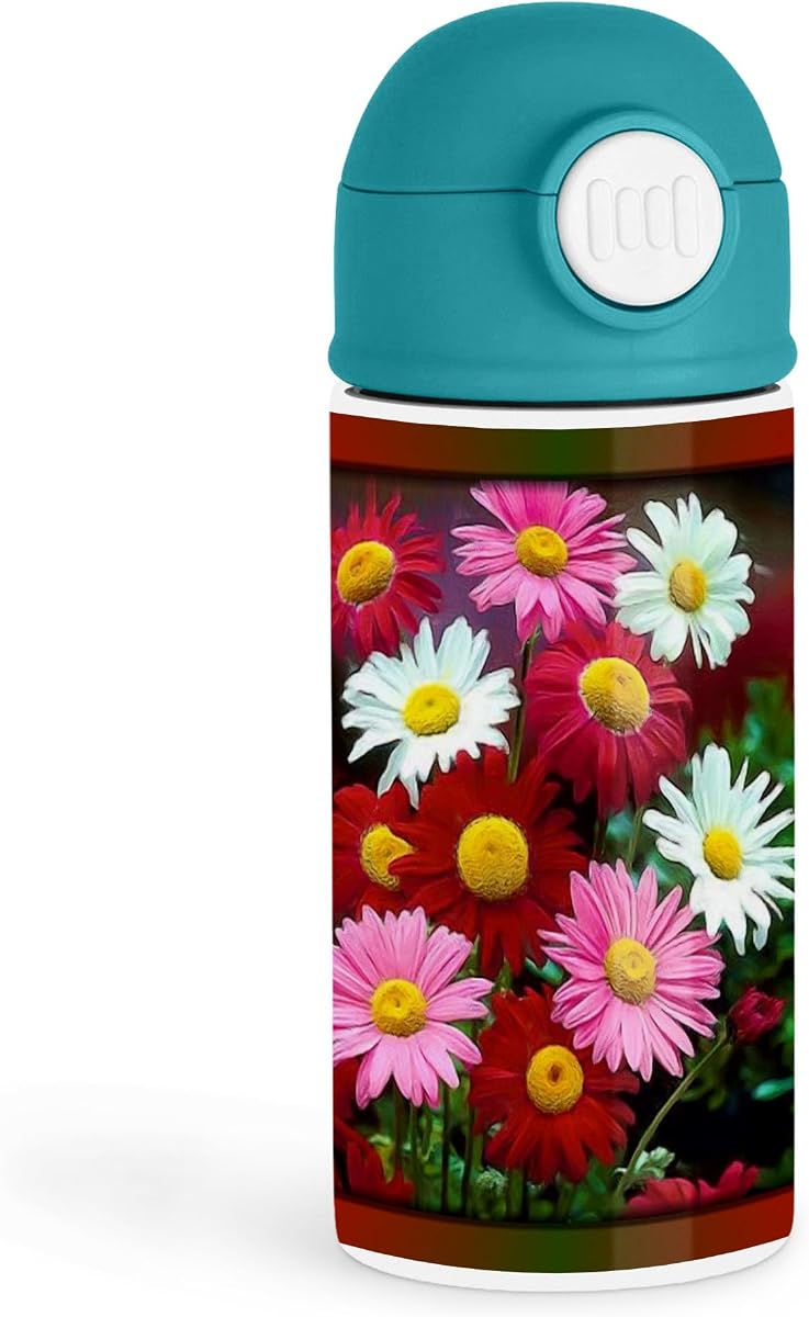 3dRose Sweet Flower Enthusiast 12oz Kids Green Bottle – Colorful gerber daisies with vibrant pinks and whites – School Lunch, Outdoor Adventure