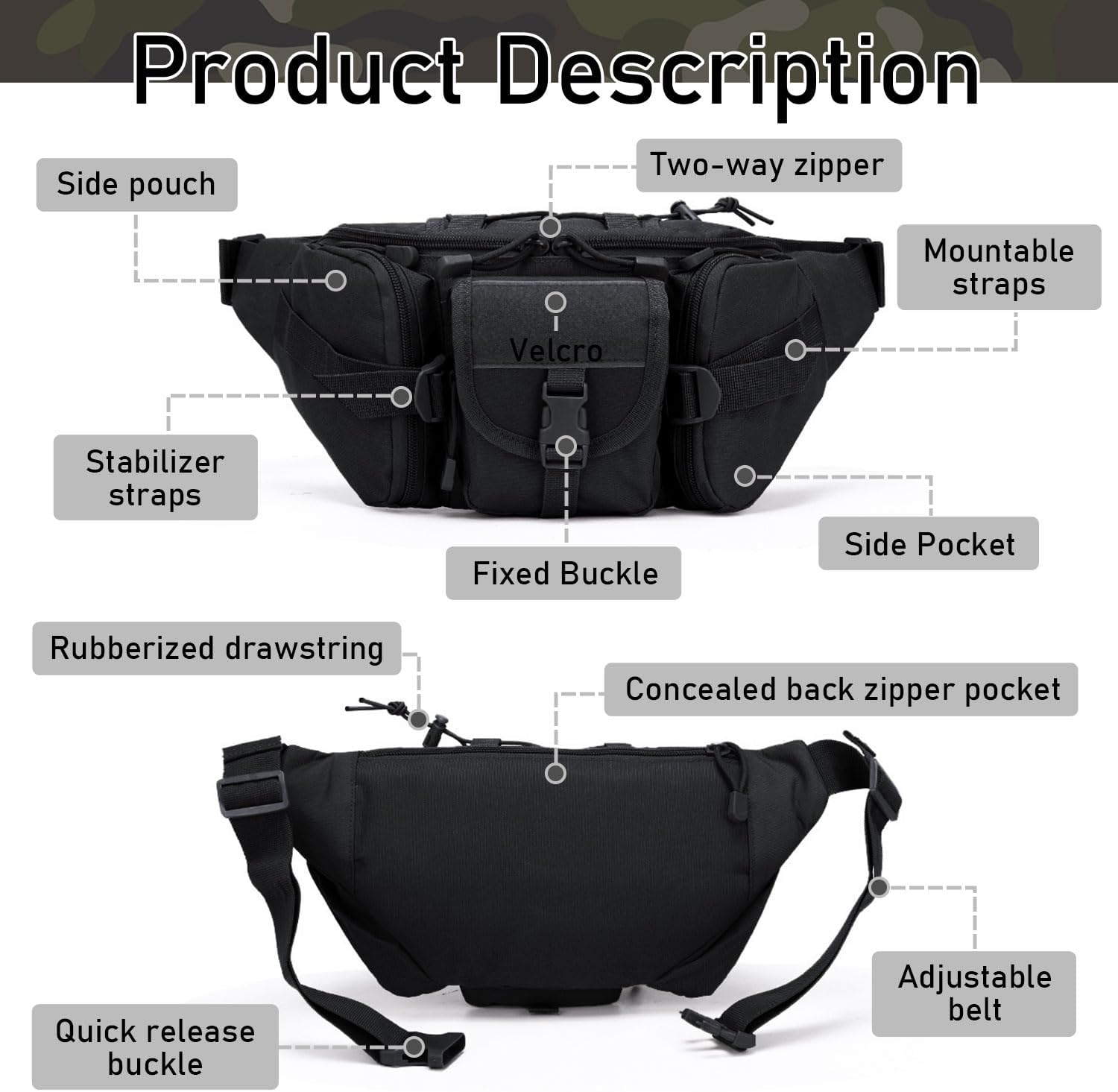 Taeku Tactical Fanny Pack, Military Waist Bag Utility Hip Pack with Adjustable Strap for Outdoors Fishing Cycling Camping Dog Walking (Black) - Image 3