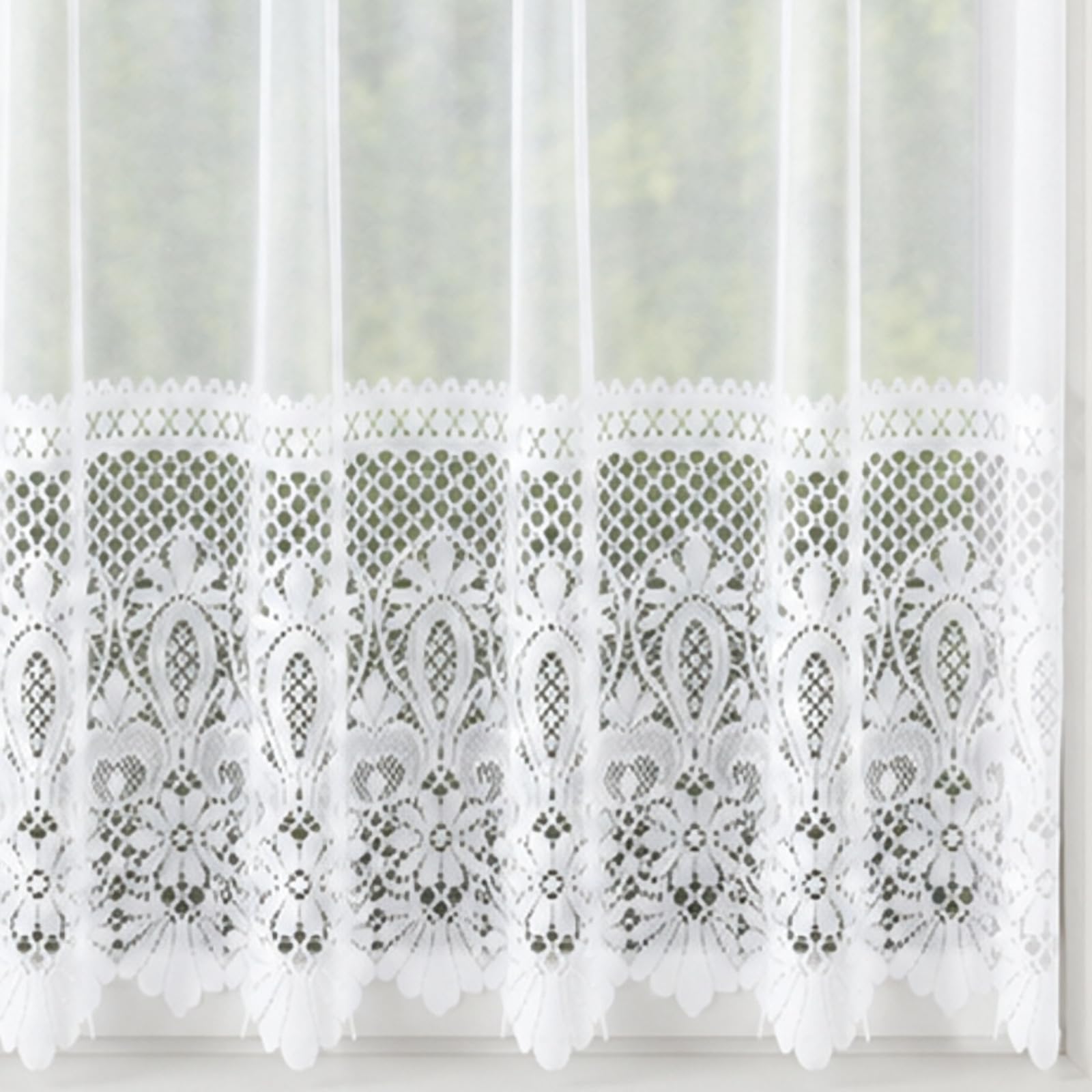 40" (101cm) Drop - Victoria White Luxury Knitted Macramé Style Lace Net Curtain With Scalloped Hem - Choose Your Design - Sold By The Metre - Supplied In One Continuous Piece - Slot Top