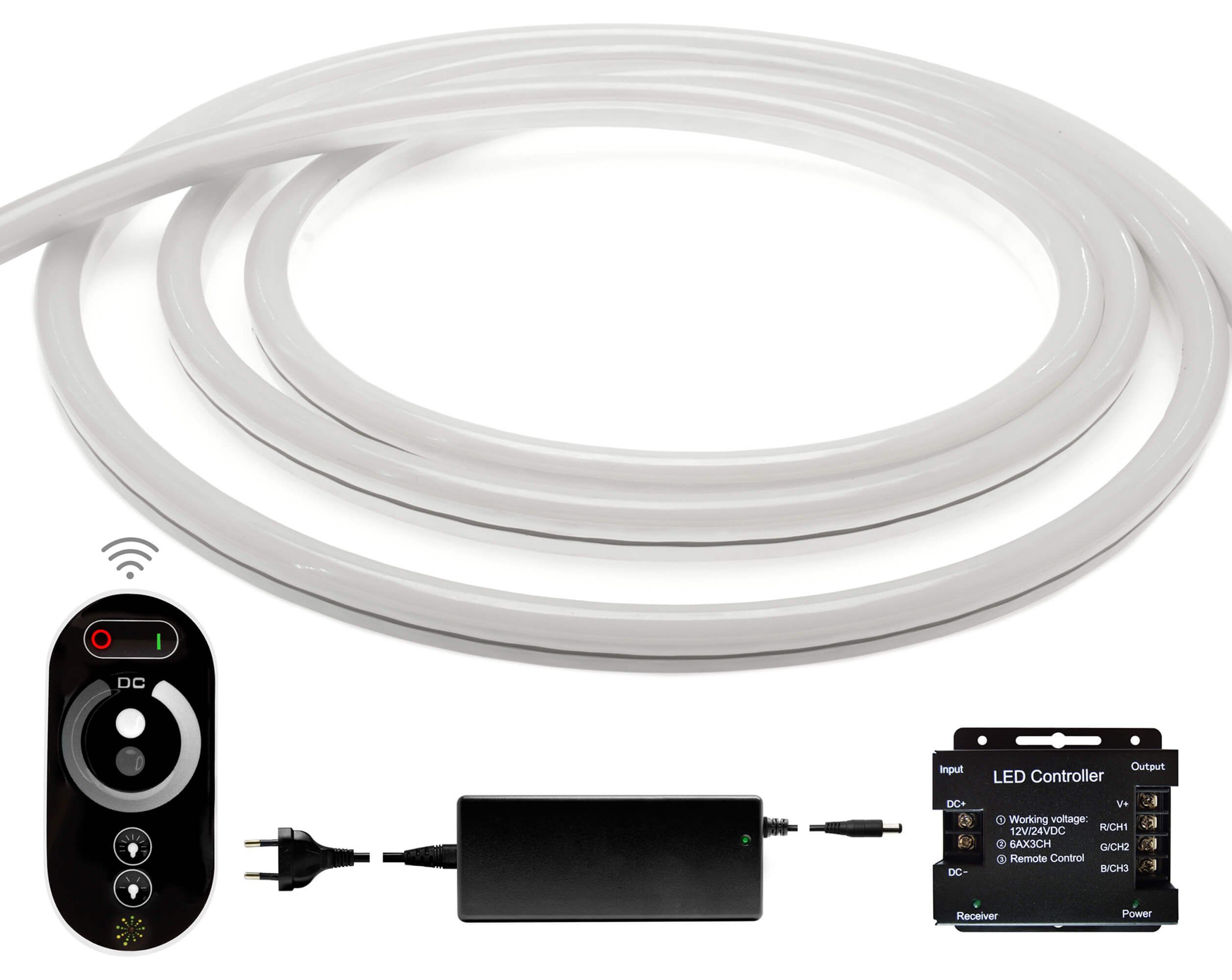 LED Universum Premium Tiras de Neon Flex, juego de radio, 10m, 24V, blanco cálido, IP68, incluyendo mando a distancia de radio, controlador y fuente de alimentación