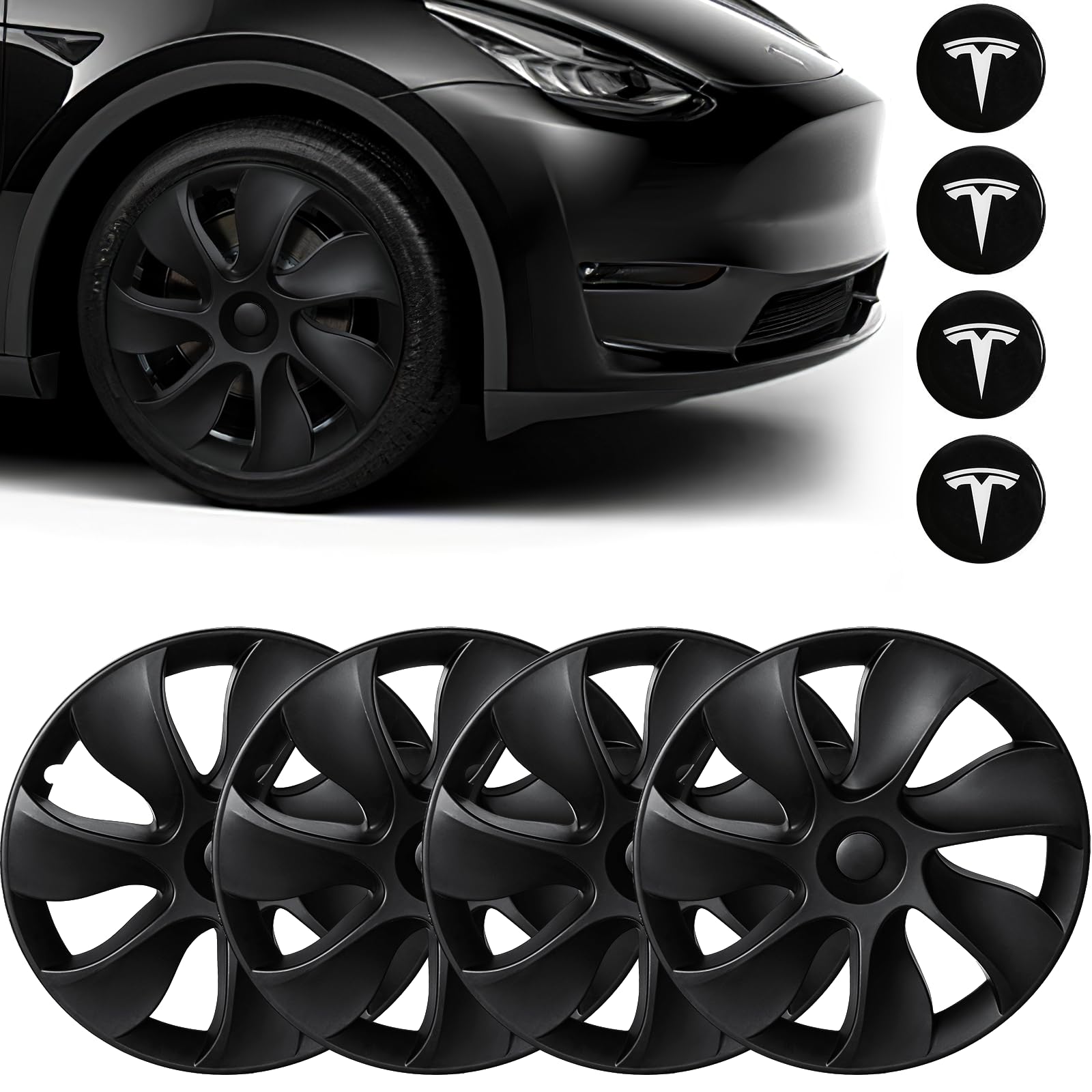 Photo 1 of 2021-2024 Tesla Model Y Hubcaps,19 Inch Compatible with Model Y Wheel Covers Set of 4,Matte Black Model Y Wheel Replacement Hub Caps (Uberturbine Style Matt Black)