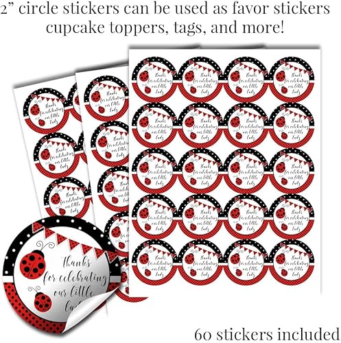 Miniatura 4 de Little Ladybug - Kit de calcomanías para fiesta de cumpleaños de lunares rojos, 429 piezas. Incluye 60 calcomanías circulares de 2 pulgadas para