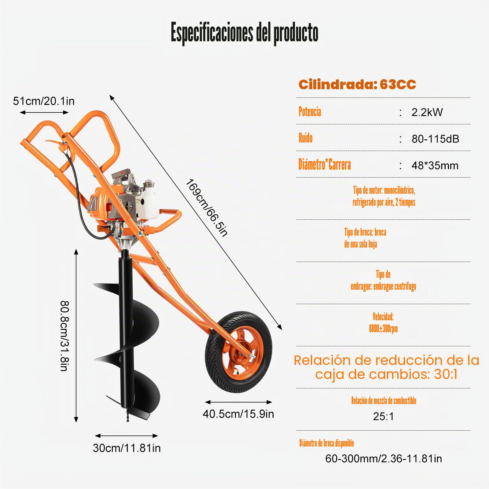 Broca de tierra de gasolina de 2 tiempos, 63 CC, 2,2 kW, con ruedas, taladro de gasolina, taladro de tierra de 300 mm de diámetro, para carretilla, color naranja