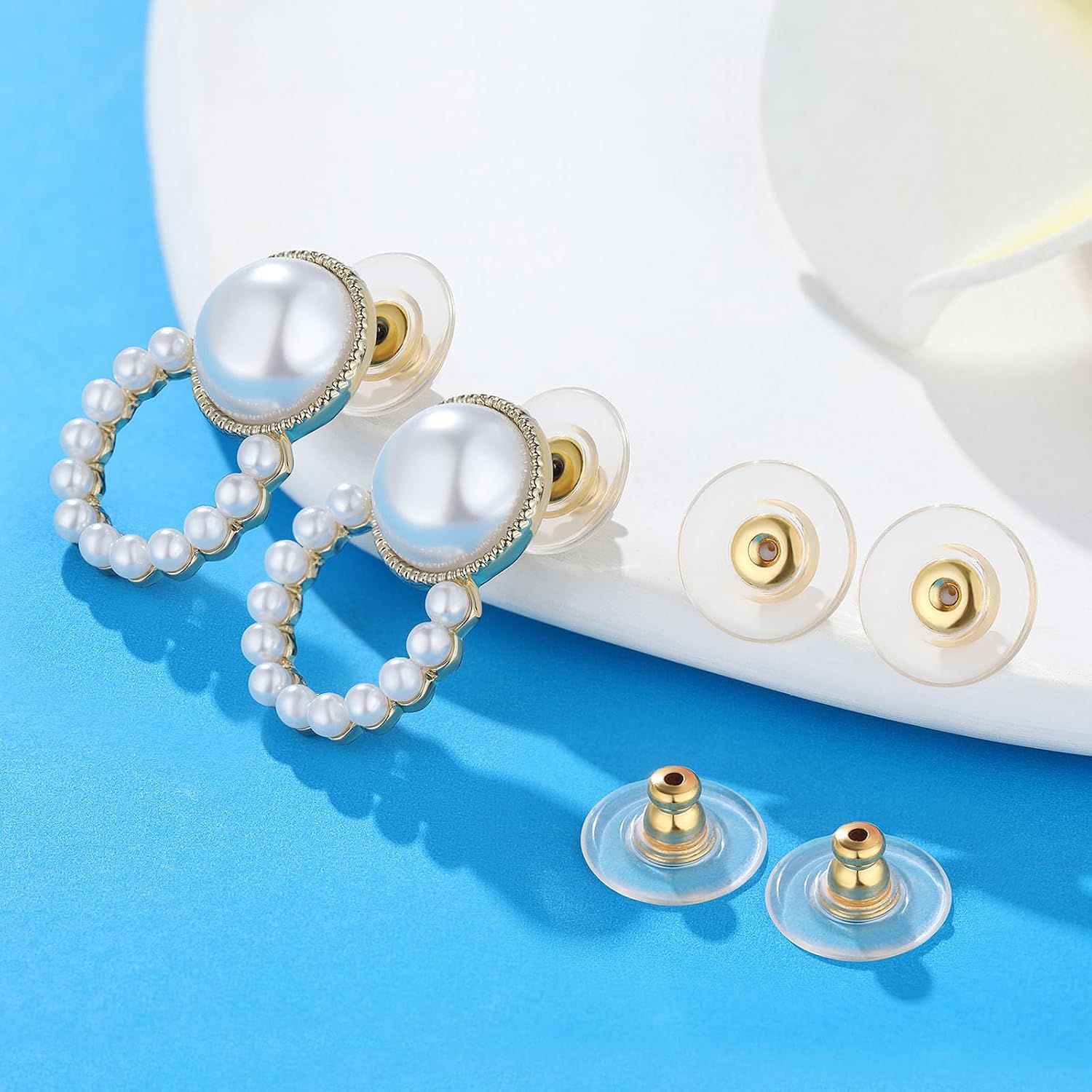 12mm Earring Backs, Transparency Bullet Earring Backs Replacements for Droopy Ears Large Locking Support Backings for Heavy/Droopy and Big Earrings Lifter Backers for Studs, Gold+White