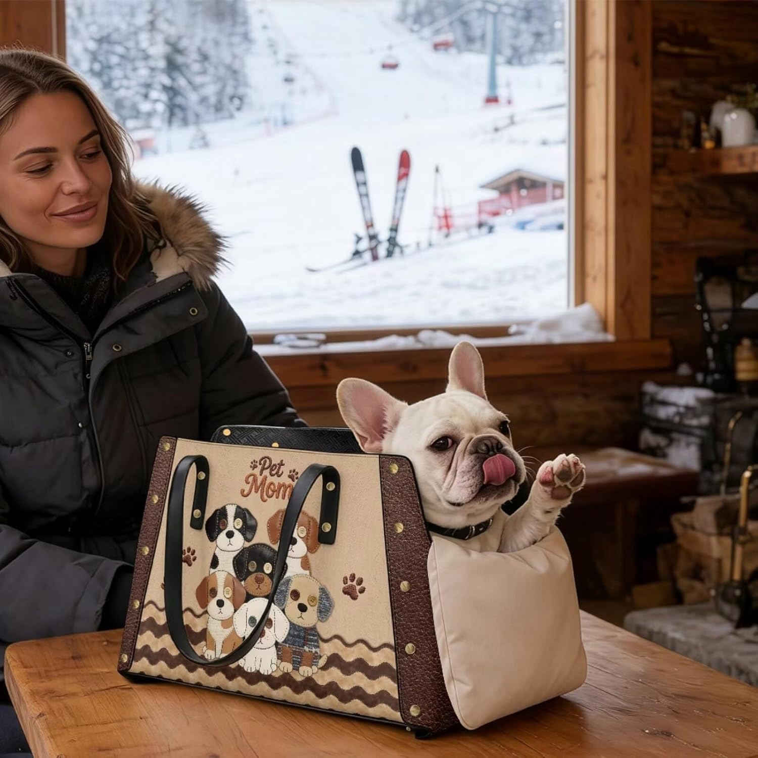 Dogs Family Small Dog Carrier Purse Leather Dog Travel Bag with Soft Sided Removable Waterproof Womans Pets Tote Bag Carrier for Travel Picnic Outdoor