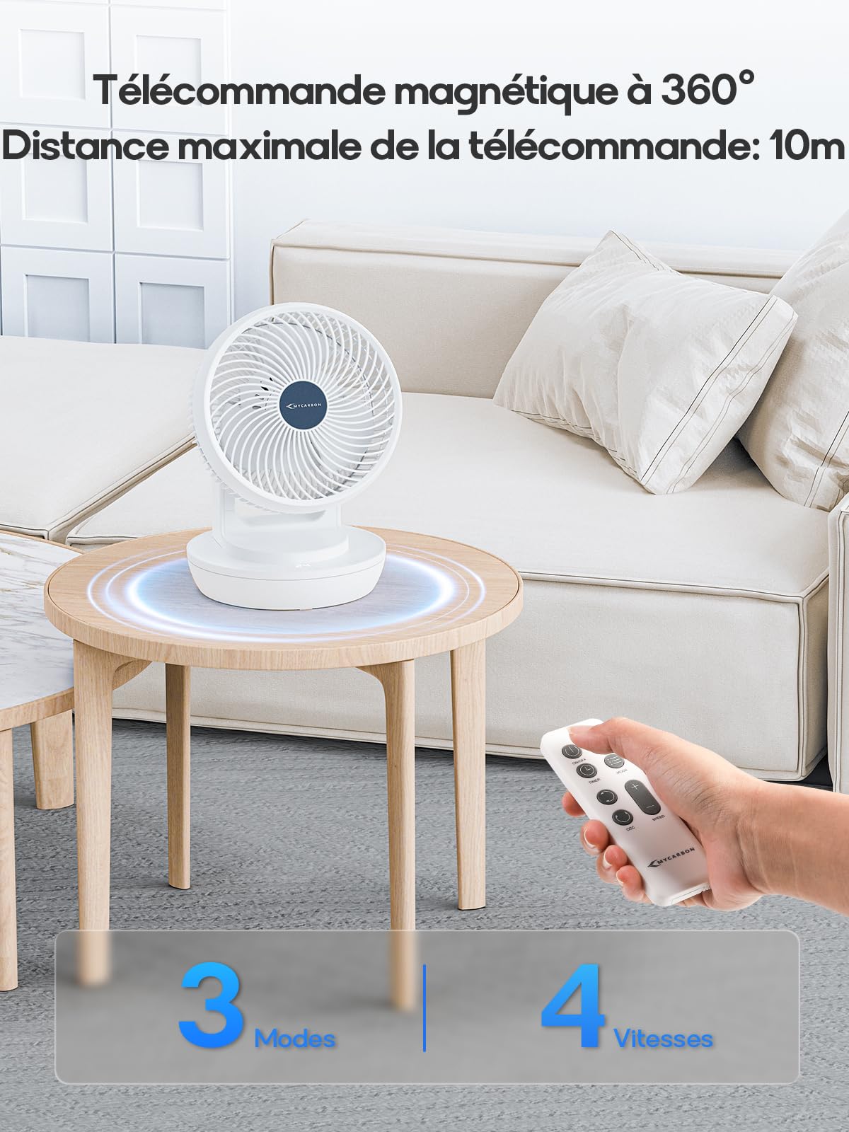 MYCARBON Ventilateur Silencieux avec Télécommande 1800m³/h ECO Mode 3D Oscillation 4 Vitesses Minuterie 12h Turbo Ventilateur de Table à Circulation d'Air pour Bureau Chambre 30m², Blanc