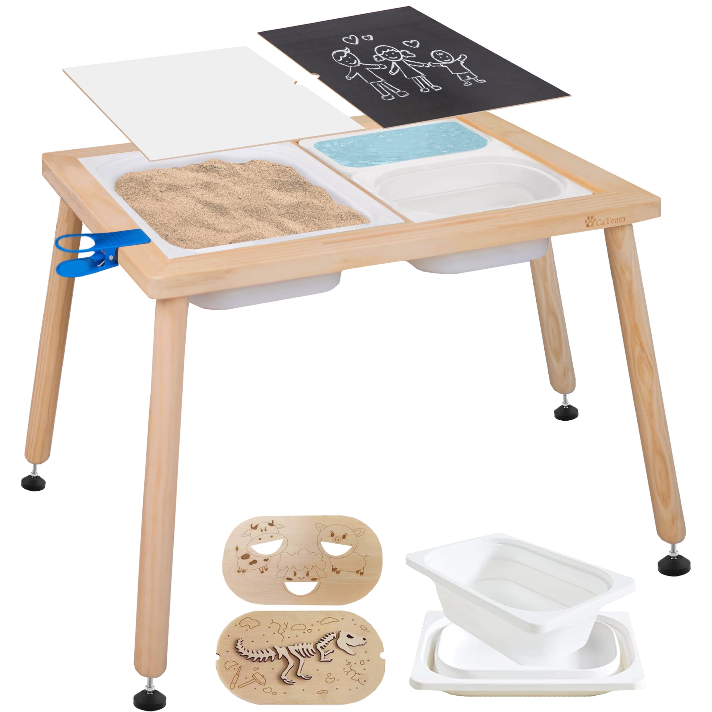Cateam Mesa Sensorial Niños y Pequeños - 3 Contenedores de Almacenamiento Plegables - Insertos de Rompecabezas Educativos de Madera - Mesa de Actividades con Arena para Jugar con Tapas