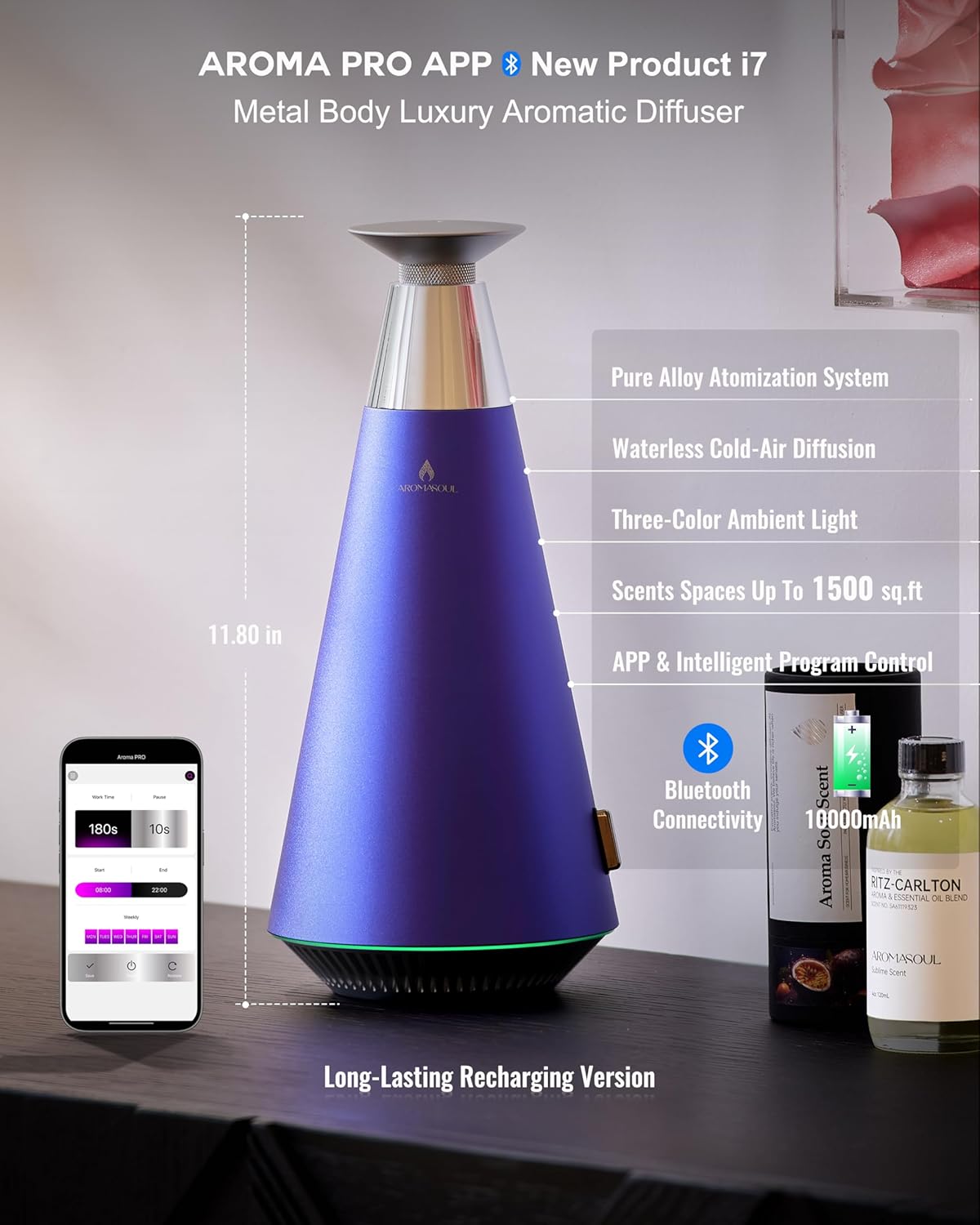 Wireless Rechargeable Waterless Oil Diffuser Starter Kit - 1500 Sq Ft Coverage, Alloy Atomization System,Mood Light,Hotel Scent Diffuser, Including 120ml Essential Oil, for Home,Large Room,Spa,Blurple