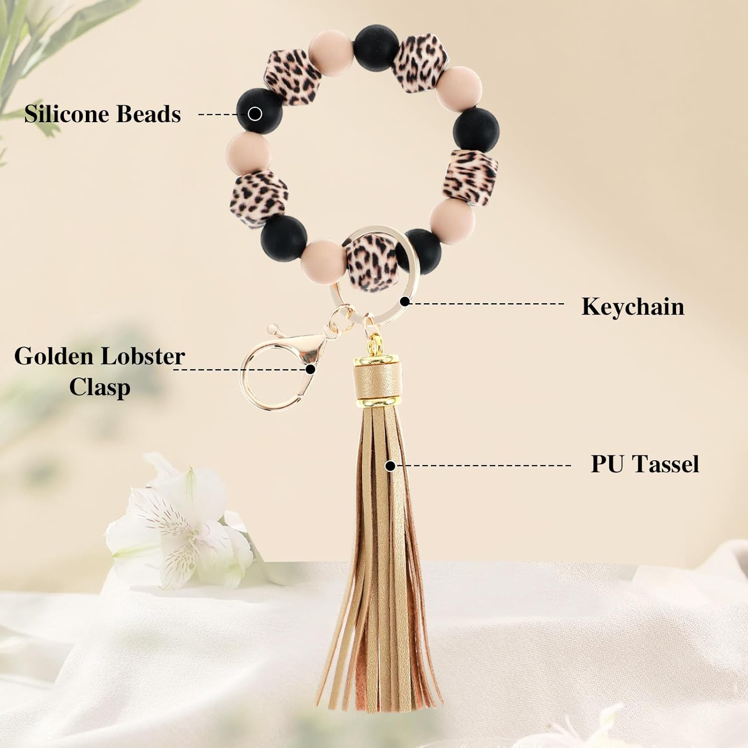 Beaded Keychain Silicone Key Ring Bracelet Wristlet for Women, Leopard Keychain with PU Tassel Bag Pendant - Image 3