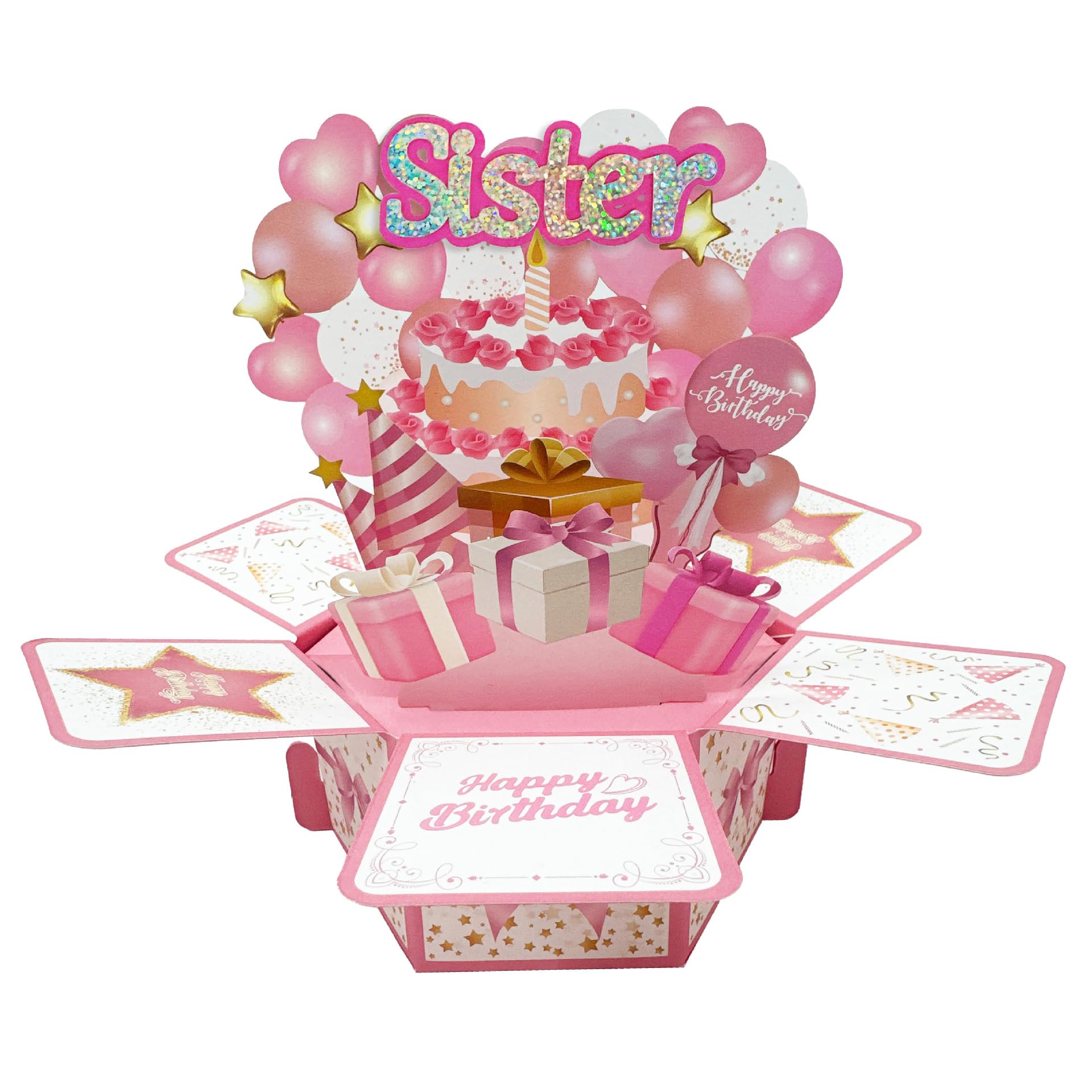 Sister Birthday Card, 3D Pop Up Birthday Card Box with Cake Balloons Gift Boxes, Happy Birthday Sister Pop Up Card with Envelope & Blank Notecard, Creative Birthday Gifts for Sister Women