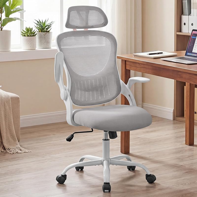 Ergonomic Desk Chair Comfy, Mesh Office Chair, for Home Office | Adjustable Headrests, Flip-up Arms, Breathable Mesh High-Back, Swivel Wheels, for Adults, Grey