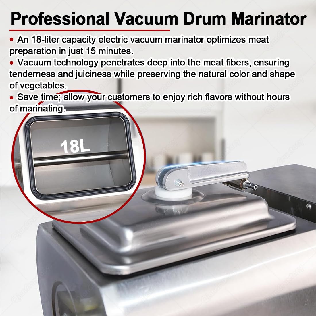 Marinador de Carne y Verduras al Vacío 18L, 3 Velocidades Regulables, Acero Inoxidable Alimentario, Temporizador Digital 1-99 Min, para Restaurantes y Carnicerías, Marina en 15 Minutos