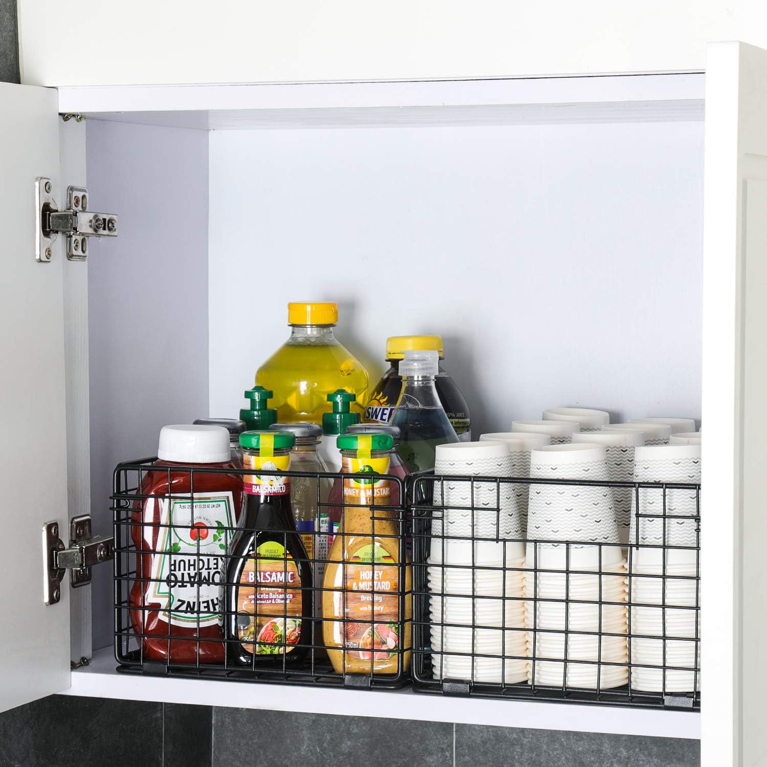 X-cosrack Foldable Cabinet Wall Mount Metal Wire Basket Organizer Pantry Basket with Handles - 6 Pack -12" x 9" X 6", Food Storage Mesh Bin for Kitchen Bathroom Laundry Closet Garage Patent Design