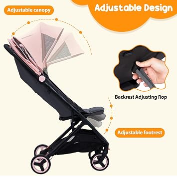 Lightweight Baby Stroller, Compact One-Hand Fold Travel Stroller Airplane Friendly, Reclining Infant Stroller with 5-Point Harness & Adjustable Canopy, All-Terrain Stroller for Toddlers 6-36 Months