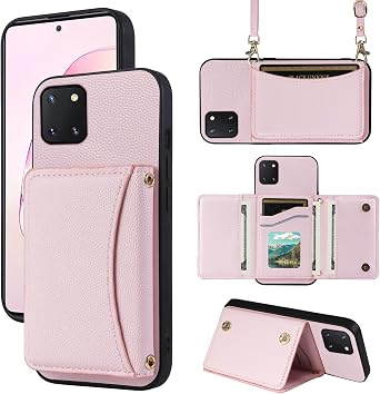 Phone Case for Samsung Galaxy Note 10 Lite Wallet Cover with Crossbody Shoulder Strap and Leather Credit Card Holder Pocket Slim Flip Purse Stand Cell Accessories A81 M60S N770F Girls Pink