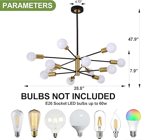 Miniatura 6 de Candelabro Sputnik moderno de 12 luces, candelabros de techo de mediados de siglo, base E26, lámpara colgante ajustable de altura de rama para