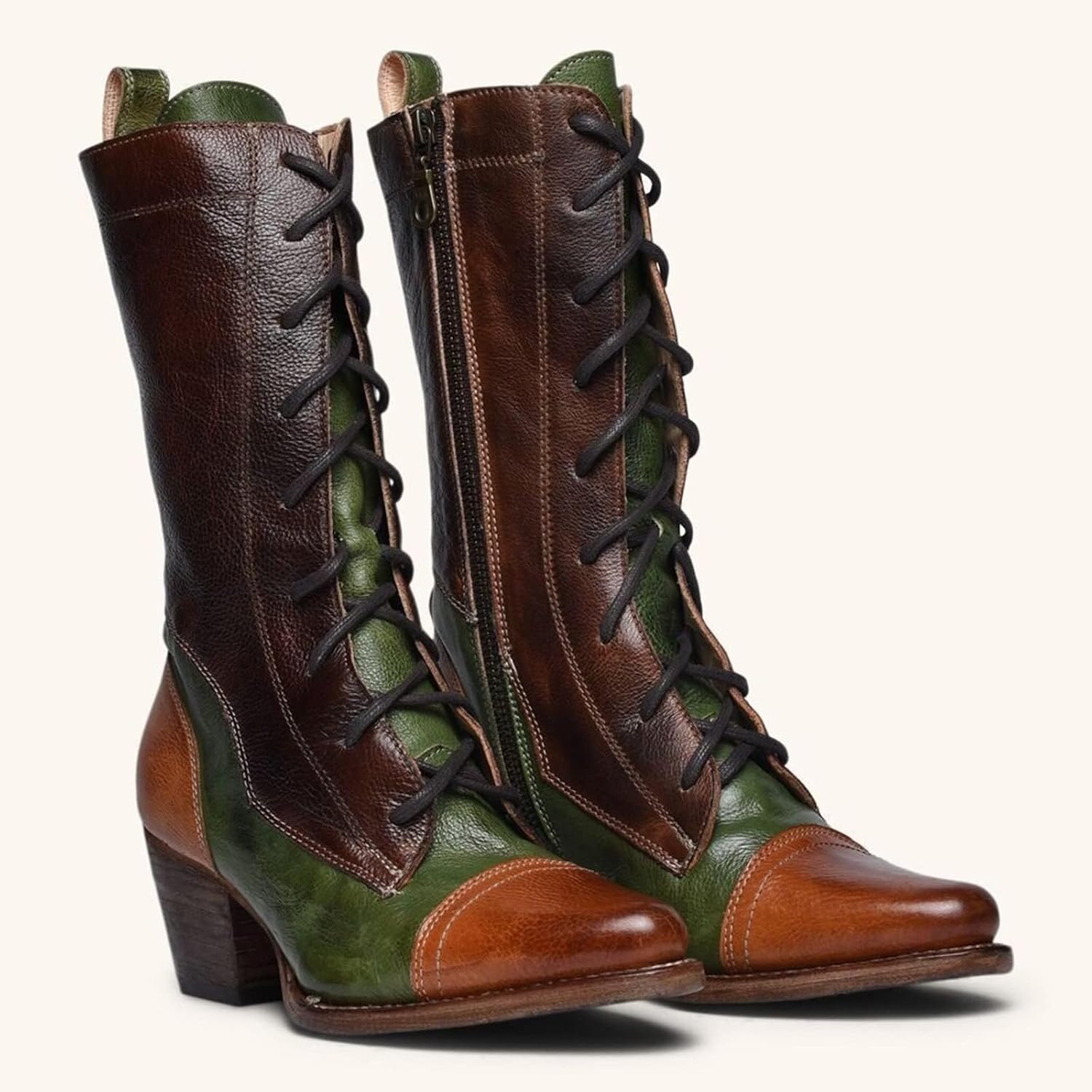 Victorian Boots for Women,Vintage Womens Classic Chunky Block Heel Lace Up Side Zipper Mid Calf Retro 70s Leather Knight Halloween Kitten Almond Toe Dressy Winter Party Gothic Costume Witch Shoes